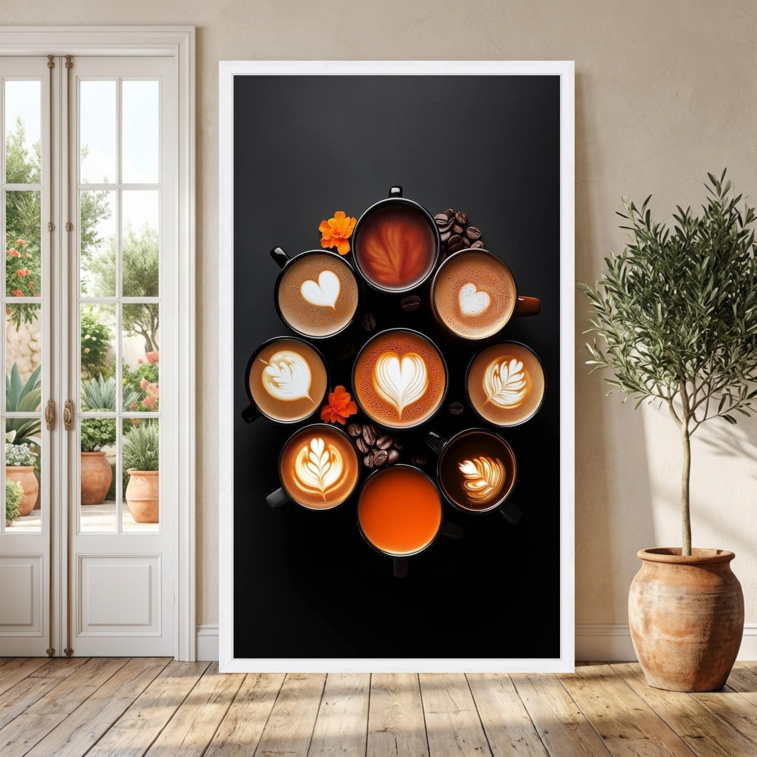 TONGYINLI Coffee Latte Art Variety Canvas, Coffee Cups Wall Art, Coffee Beans and Flowers Painting Canvas Print Kitchen Decor(30x50cm/Frameless)