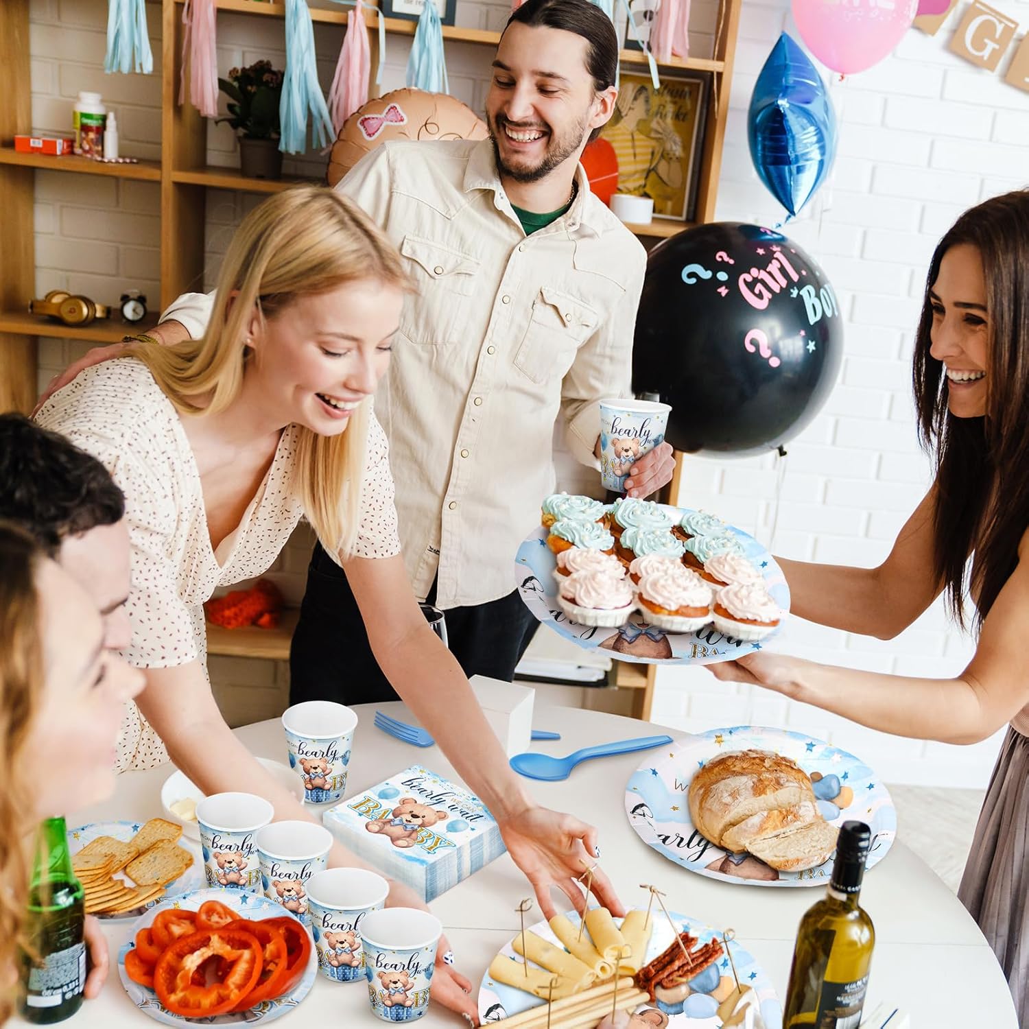 Sliner 175 Pcs Blue Bear Baby Shower Decorations Boy Tableware Set Serves 25 Guests, Baby Shower Party Supplies Includes Plates Napkin Cups Forks Knives Spoons, Disposable Bear Theme Dinnerware Set