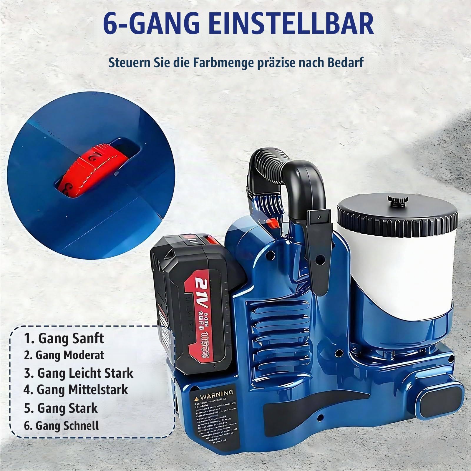 1,2-l-Airless-Farbspritzgerät, 750-W-Farbspritzpistole 12,5 MPa, 6-stufig Einstellbarer Druck, mit Zwei 21-V-Batterien und 1,80 m Schlauch, 2 l/min Durchflussrate, für Wände und Dä 2battery