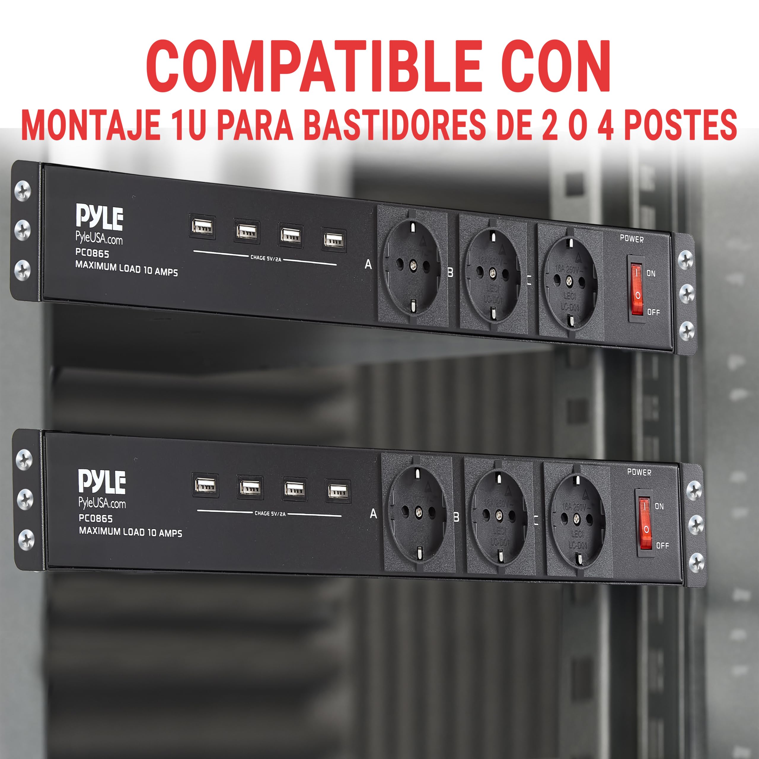 Pyle regleta, Montaje en Rack, 12 Tomas, Unidad, Tira, Disyuntor de 15 amperios, 4 Puertos de Carga USB, Multiples Dispositivos, Cable de 15 pies
