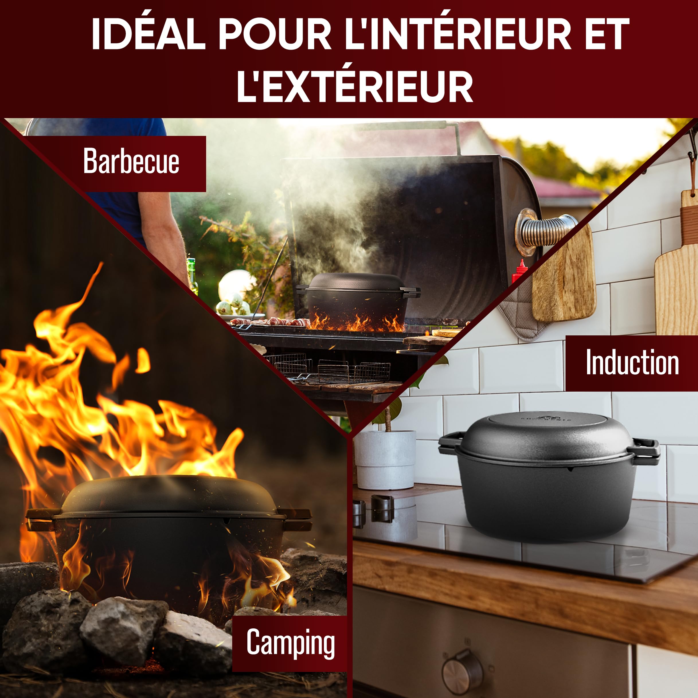 GUSSKÖNIG Dutch Oven 2-en-1 (4,8 L) avec poêle (1,8 L) en matériau robuste – Cocotte Norvégienne avec accessoires et livre de recettes – Idéal BBQ, camping, cuisine.