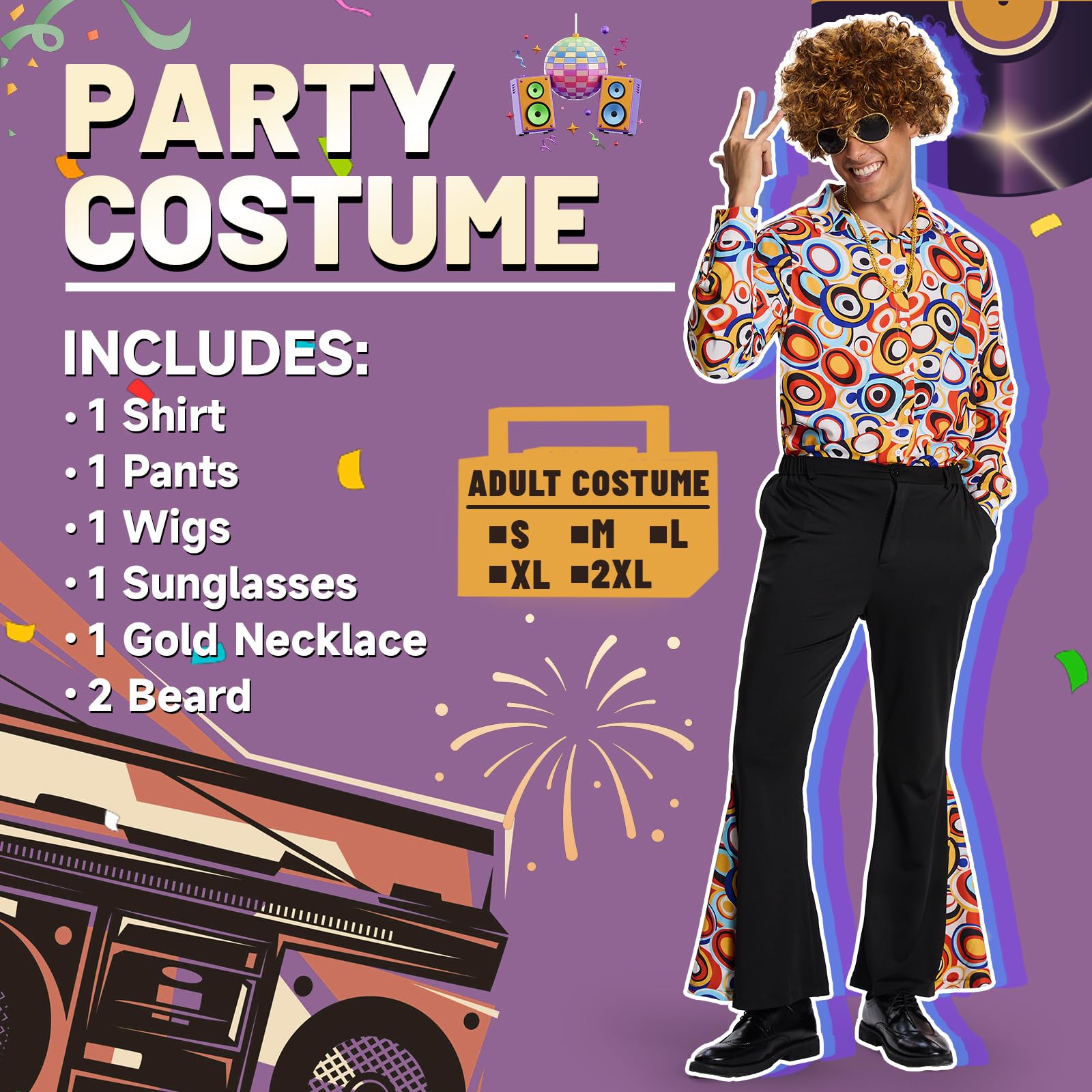 Ulikey Déguisement Année 70 Homme, Tenue Année 6070 Hommes Ensemble de Costume Rétro Hippie avec Perruque, Chemise, Pantalon à Pattes d'éléphant et Accessoires Disco pour Carnaval