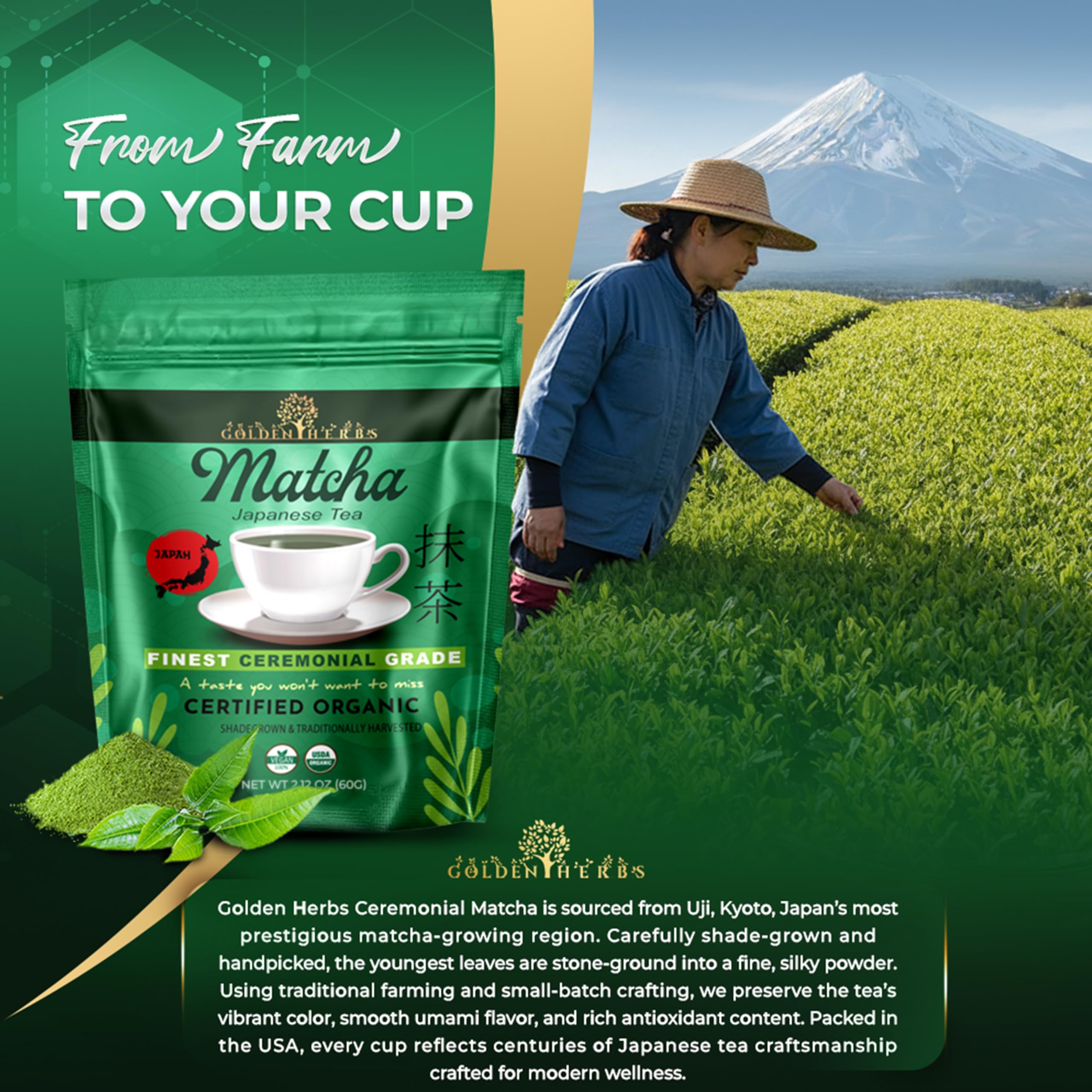Golden Herbs Matcha Superior Ceremonial Blend Green Tea Powder from Uji Kyoto USDA Organic Gluten-Free Vegan 100 Pure — view 7