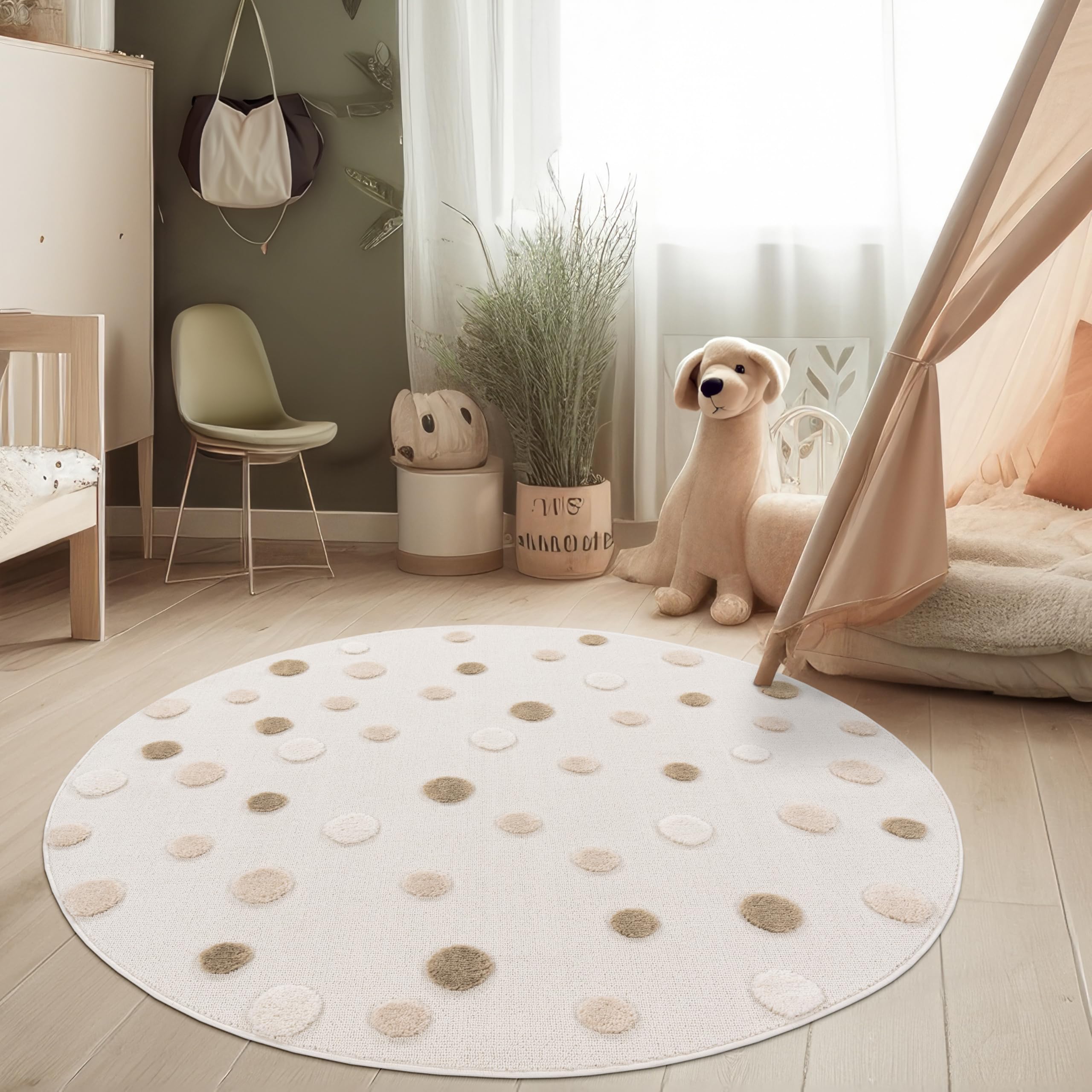 Paco Home Kinderzimmer Moderner Kinderteppich Robuster Spielteppich 3D-Effekt Naturtöne Weiche Schlingenstruktur Pflegeleichtes Punkte-Motiv, Grösse:120 cm Rund, Farbe:Creme (Punkte)