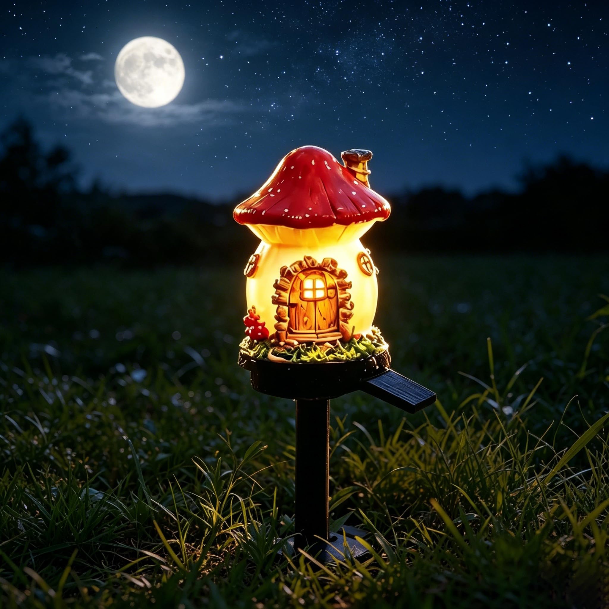 Solar Fairy-Tale Mushroom Cottage Garden Light, Waterproof Resin LED Landscape Lamp with Auto Dusk to Dawn, Warm Glow Wireless Stake Light, Tool-Free Outdoor Decor for Yard Patio Lawn Pathway (D)