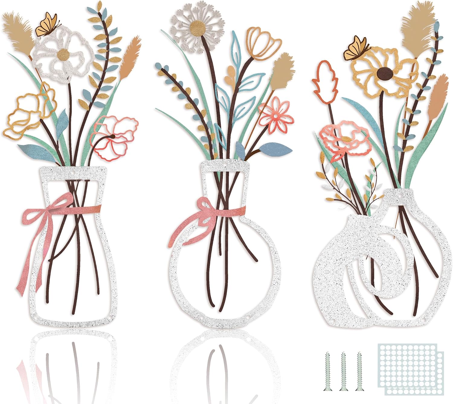 Metal Flowers Wall Decor for Living Room,Boho Floral Wall Art for Kitchen,Rustic Work for Farmhouse,Living Room,Bathroom,Laundry Room,Office,3D Flower Bow Butterfly Sculptures-Housewarming Gifts,3PCS