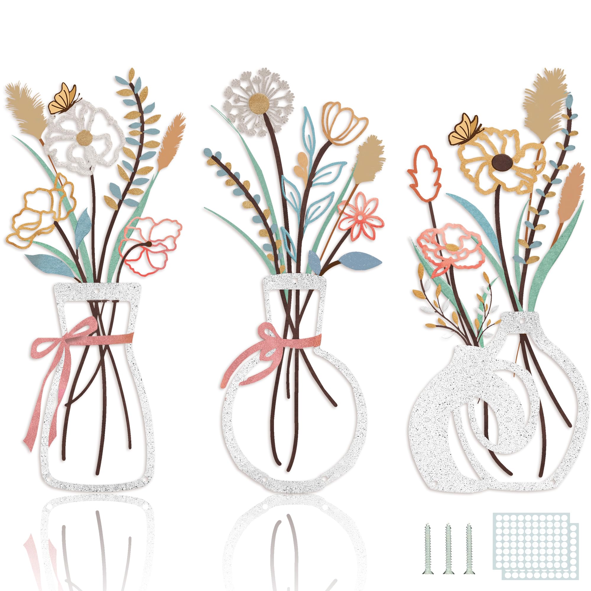 3PCS Metal Flowers Wall Decor for Living Room-Boho Floral Wall Art for Kitchen-Rustic Work for Farmhouse,Living Room,Bathroom,Laundry Room,Office,3D