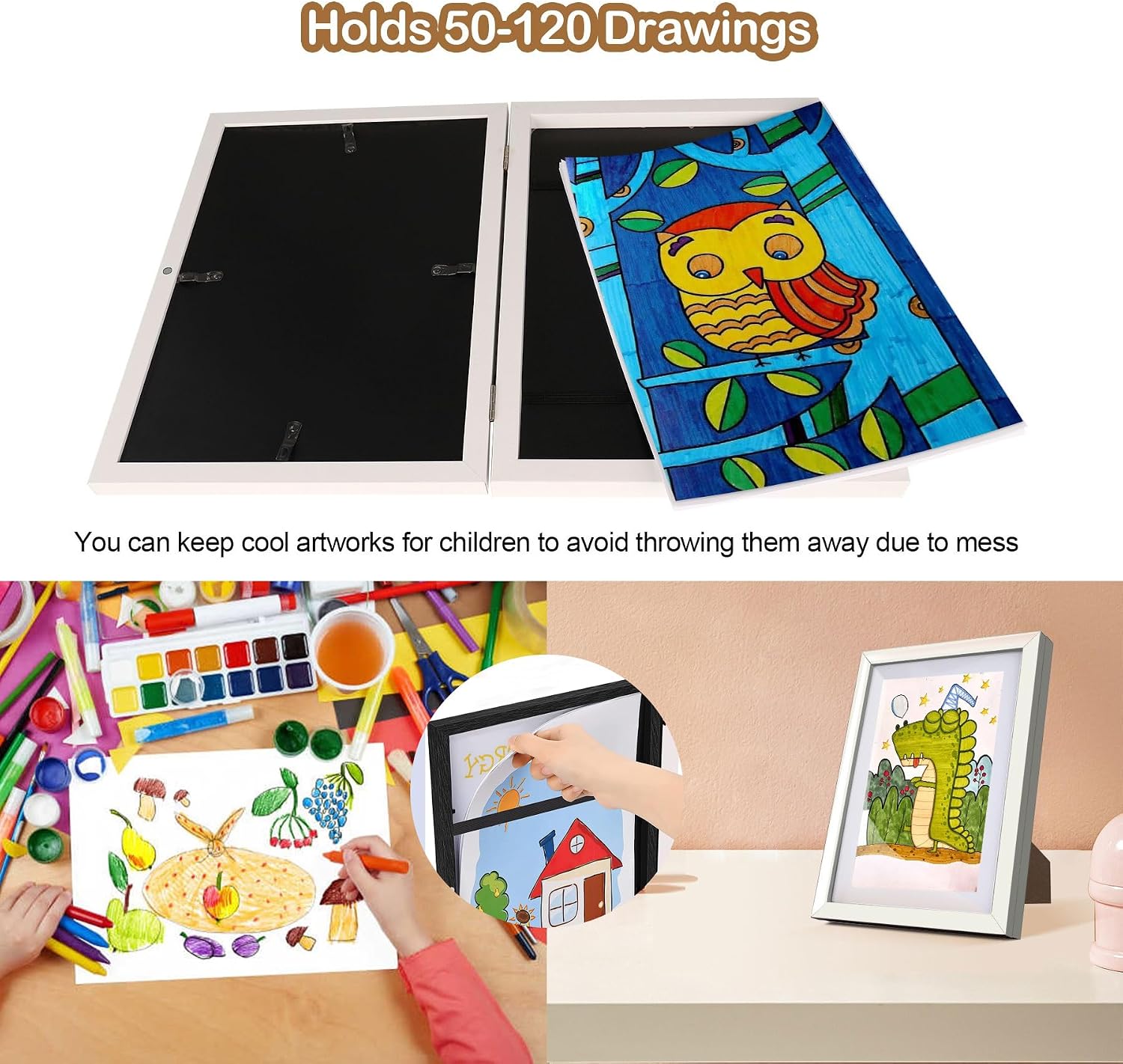 UBeesize 9.5x13 Kids Art Frame - A4 Artwork Display Kids Art Frames Front Opening Holds 50 - Changeable Picture Display 8.5x11 Without Mat and 6.1x9.6 With Mat -Storage Frames with Easel Back(White)