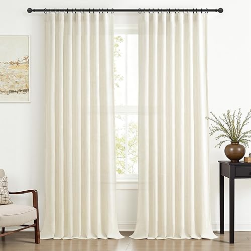 Miniatura 17 de Juego de 2 paneles de cortinas y cortinajes semitransparentes de lino mezcla natural de 84 pulgadas de largo, para sala de estar, cortinas plisadas