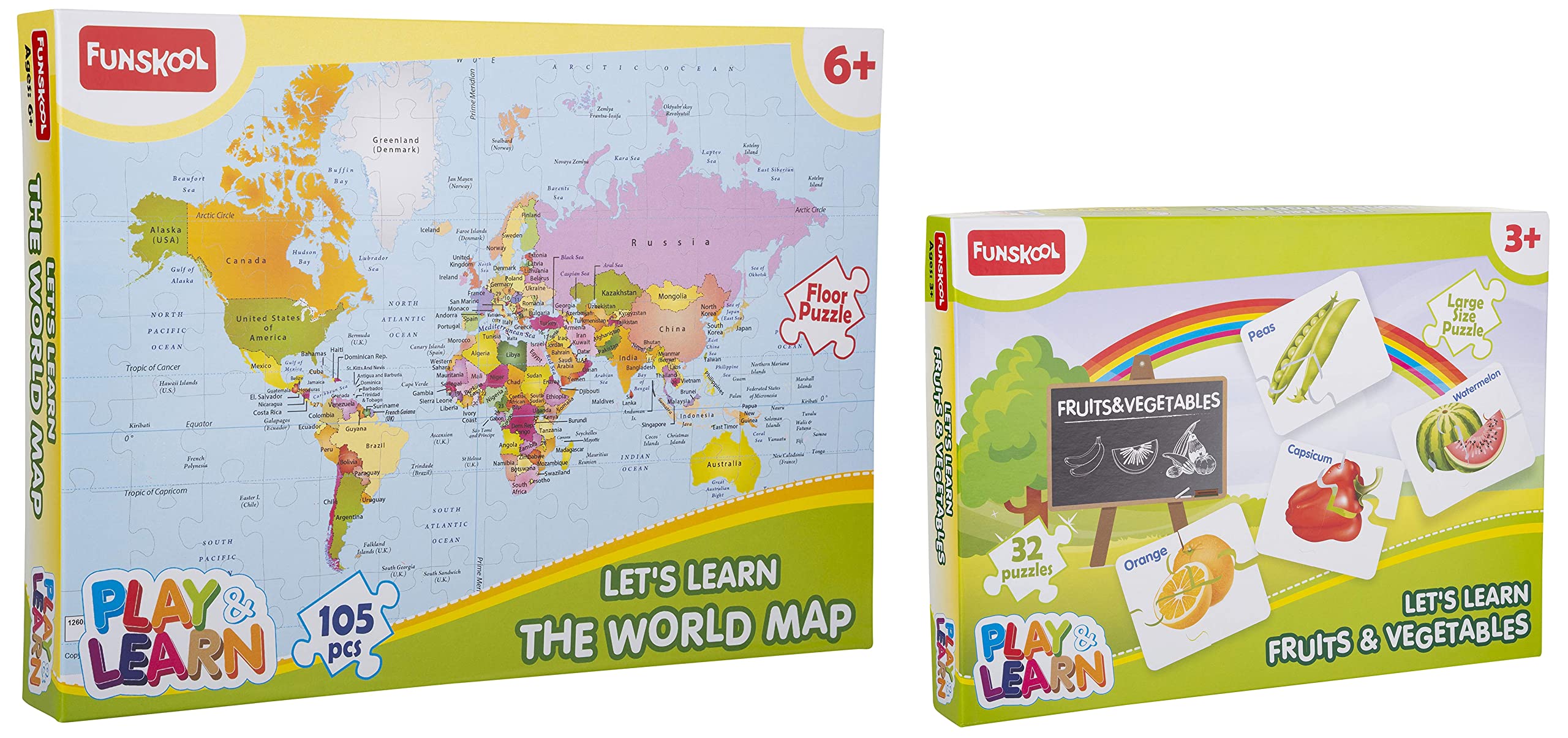 Funskool - Play & Learn -World Map & Play & Learn-Fruits & Vegetables, 32 Pieces,for 3+ Years