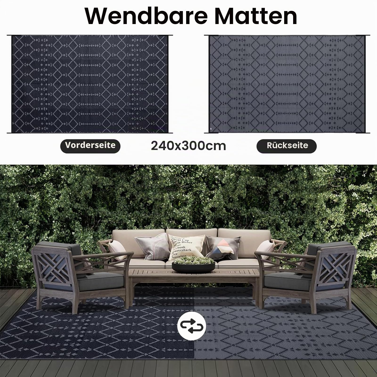 Homaxy Outdoor Teppich Wetterfest 240x300cm, Schwarz & Grau | Beidseitig Nutzbar, Wasserdicht, Boho Design, Für Terrasse, Garten, Balkon, Camping, Picknick