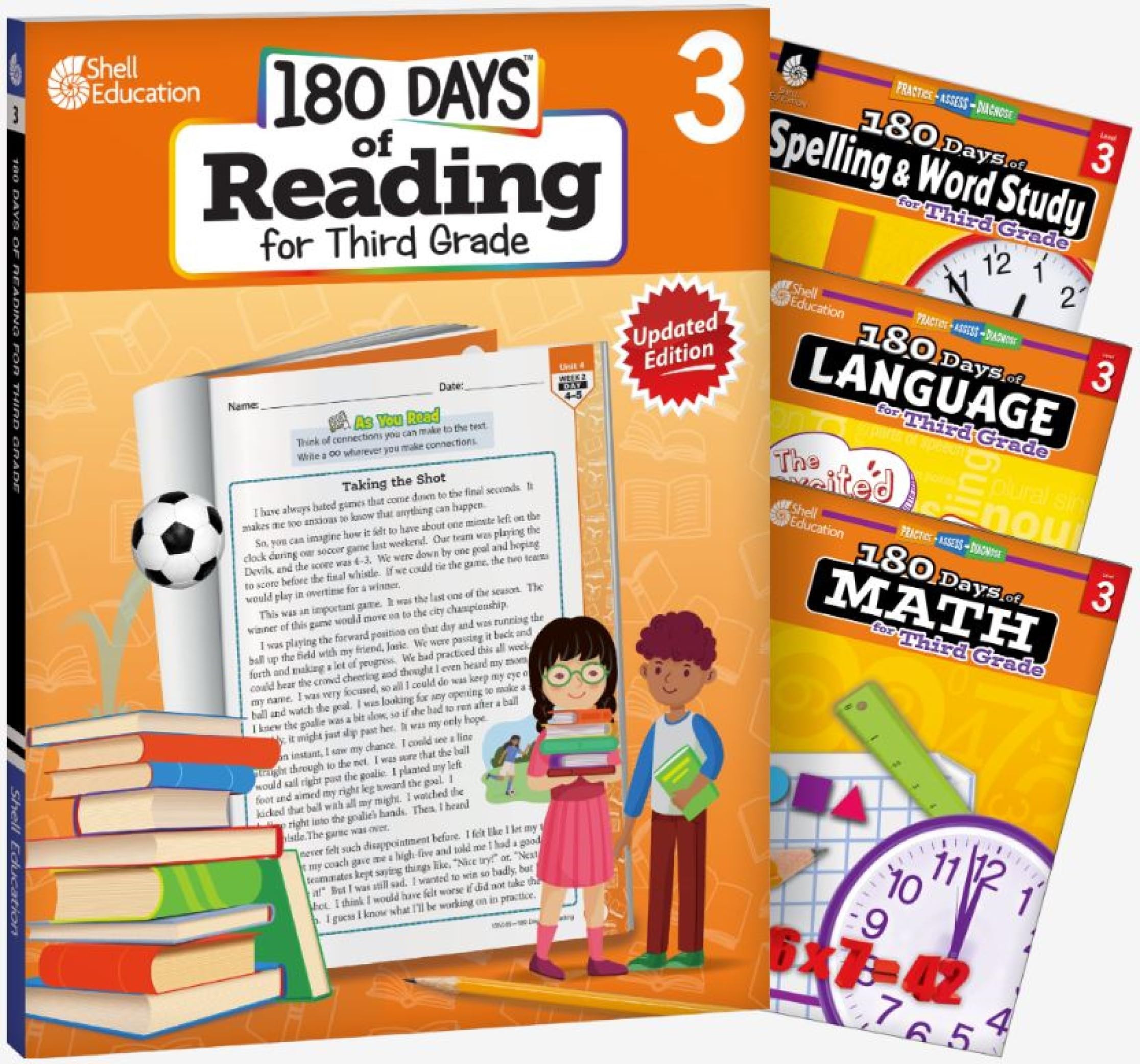 Shell Education 180 jours de lecture, d'orthographe, de langue et de mathématiques 3e année : ensemble de 4 livres