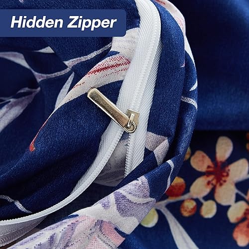 Miniatura 4 de JSD Juego de funda de edredón floral azul marino, 3 piezas, funda de edredón de microfibra suave estampada con cierre de cremallera y lazos en las