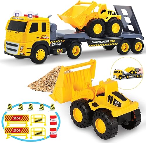 MOBIUS Toys Camión de cama plana con excavadora de juguete tractor  escala 112, juego de vehículos de construcción Push and Go, luces y sonidos para