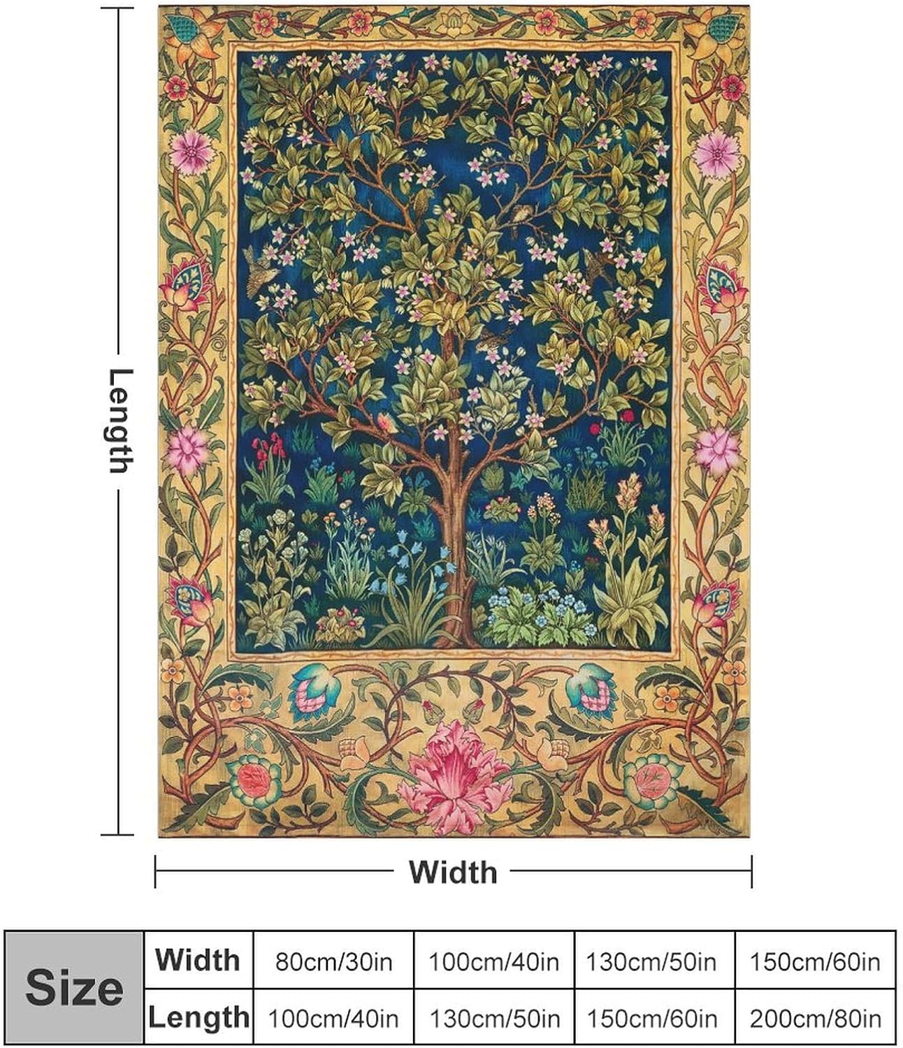 Tree of Life Floral Blanket,William Morris Original Design Super Soft Flannel Throw Blanket for Bed Sofa 30"x40" - Image 2