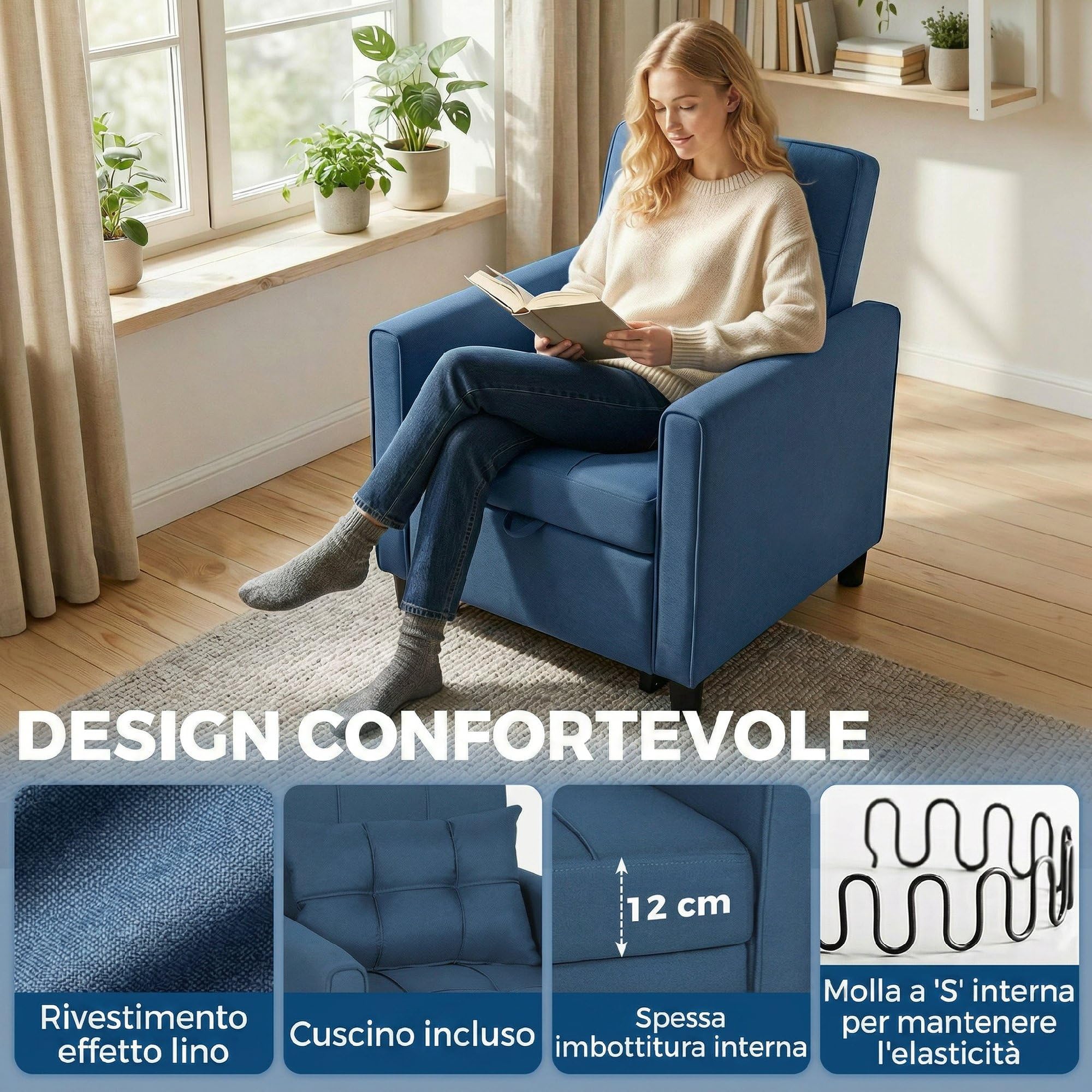 HOMCOM Poltrona Letto Singolo 3 in 1 con Schienale Reclinabile su 3 Livelli, 2 Ruote, Cuscino, Divano Letto Singolo Pieghevole in Tessuto Effetto Lino e Legno, 69x82x85cm, Blu