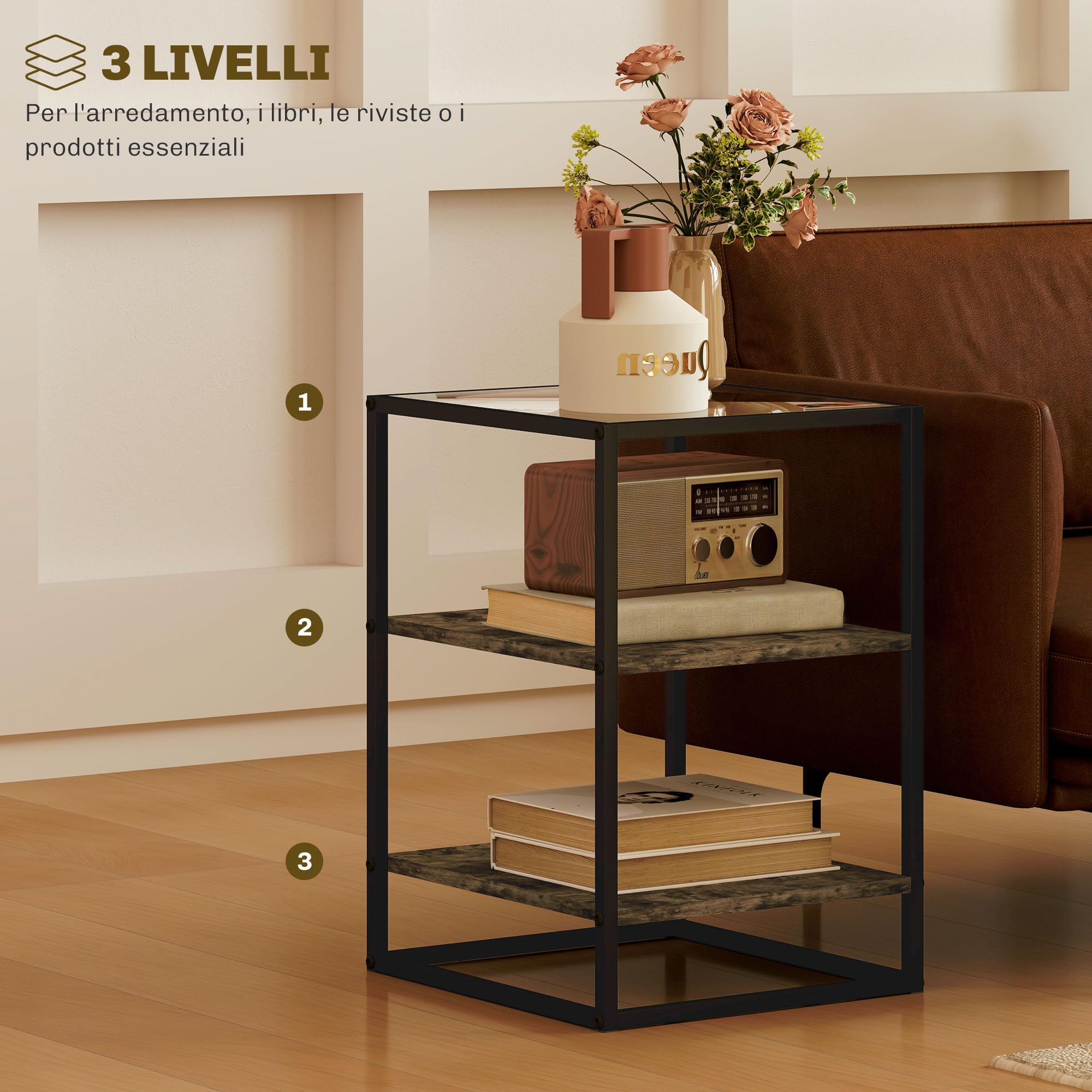 HOMCOM Set 2 Tavolini da Soggiorno a 3 Livelli con Base Rialzata, Tavolini Bassi in Legno, Metallo e Piano in Vetro Temperato, 37x40x55.5 cm, Marrone