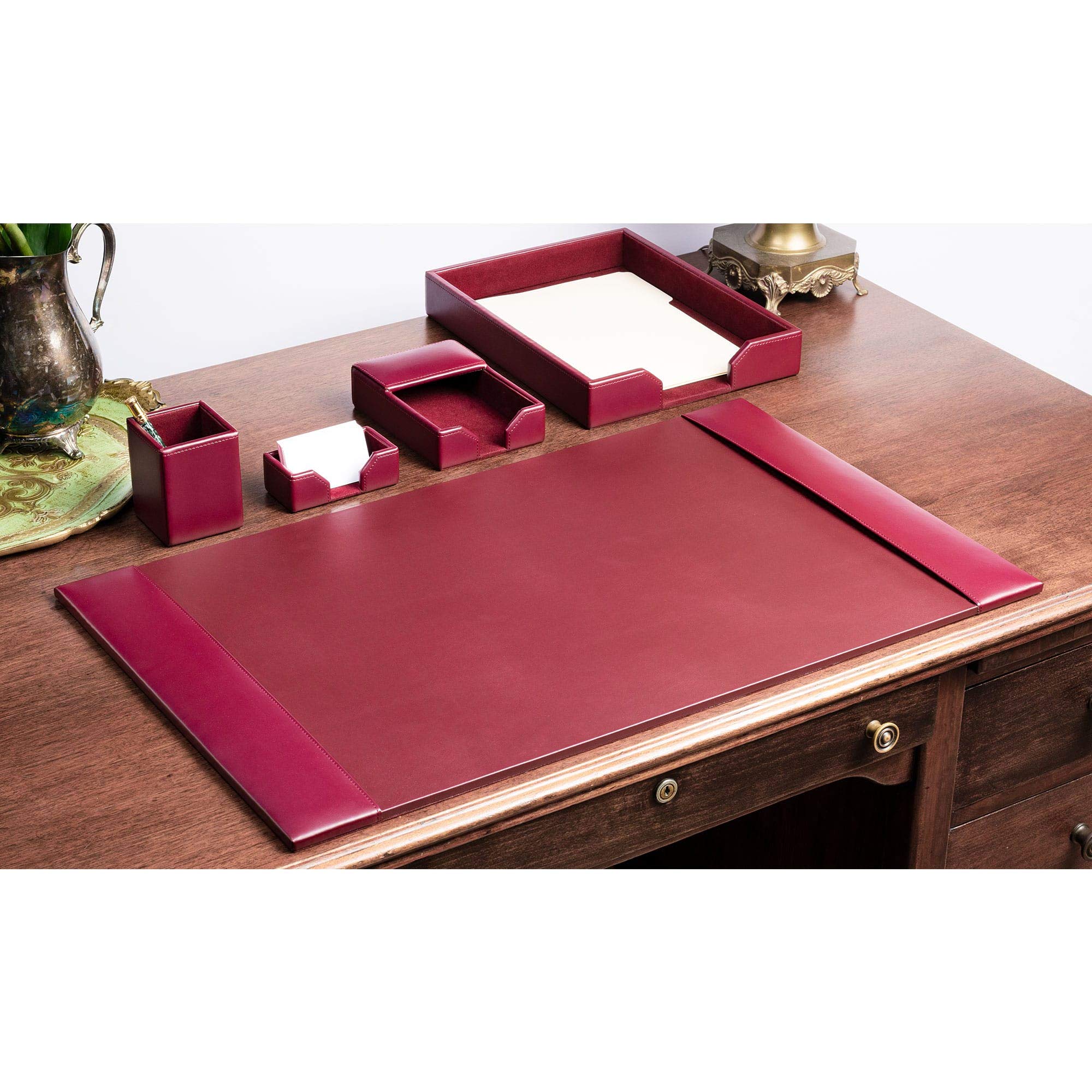 DACASSO Set da scrivania in pelle rigenerata, con sottomano e base in pelle di lusso (bordeaux, 5 pezzi)