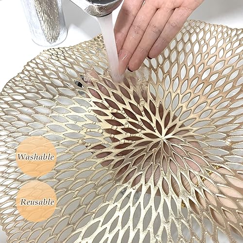Miniatura 5 de Mabbcoo Juego de 6 manteles individuales redondos dorados de 15 pulgadas, lavables, de vinilo, manteles individuales para mesa de comedor,