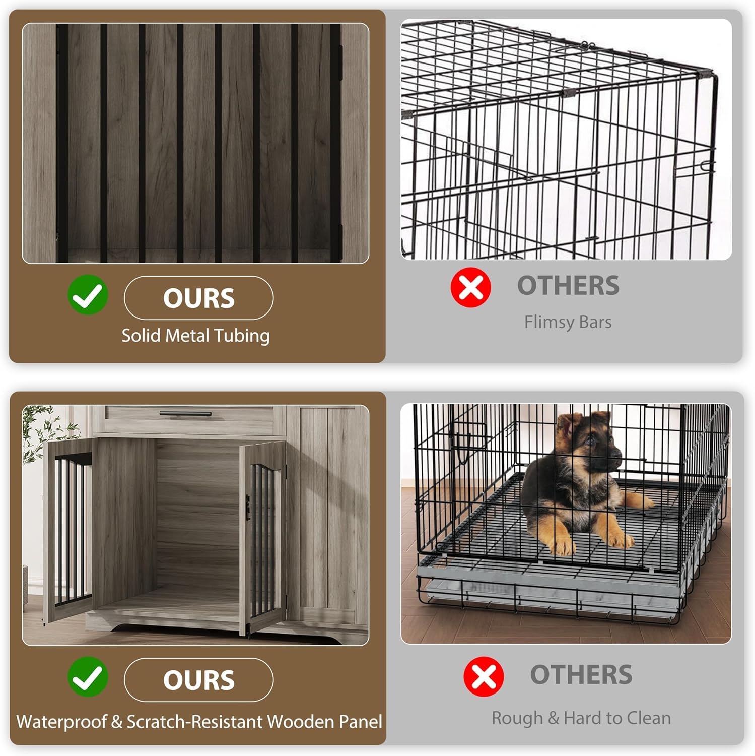 Heavy Duty Wooden Dog Crate Furniture with Drawer & Bowls, Indoor Dog Kennel Cage End Table, Modern Dog Kennel Furniture for Small, Medium, Large Dogs, Spacious Crate Design, Grey Wood Grain