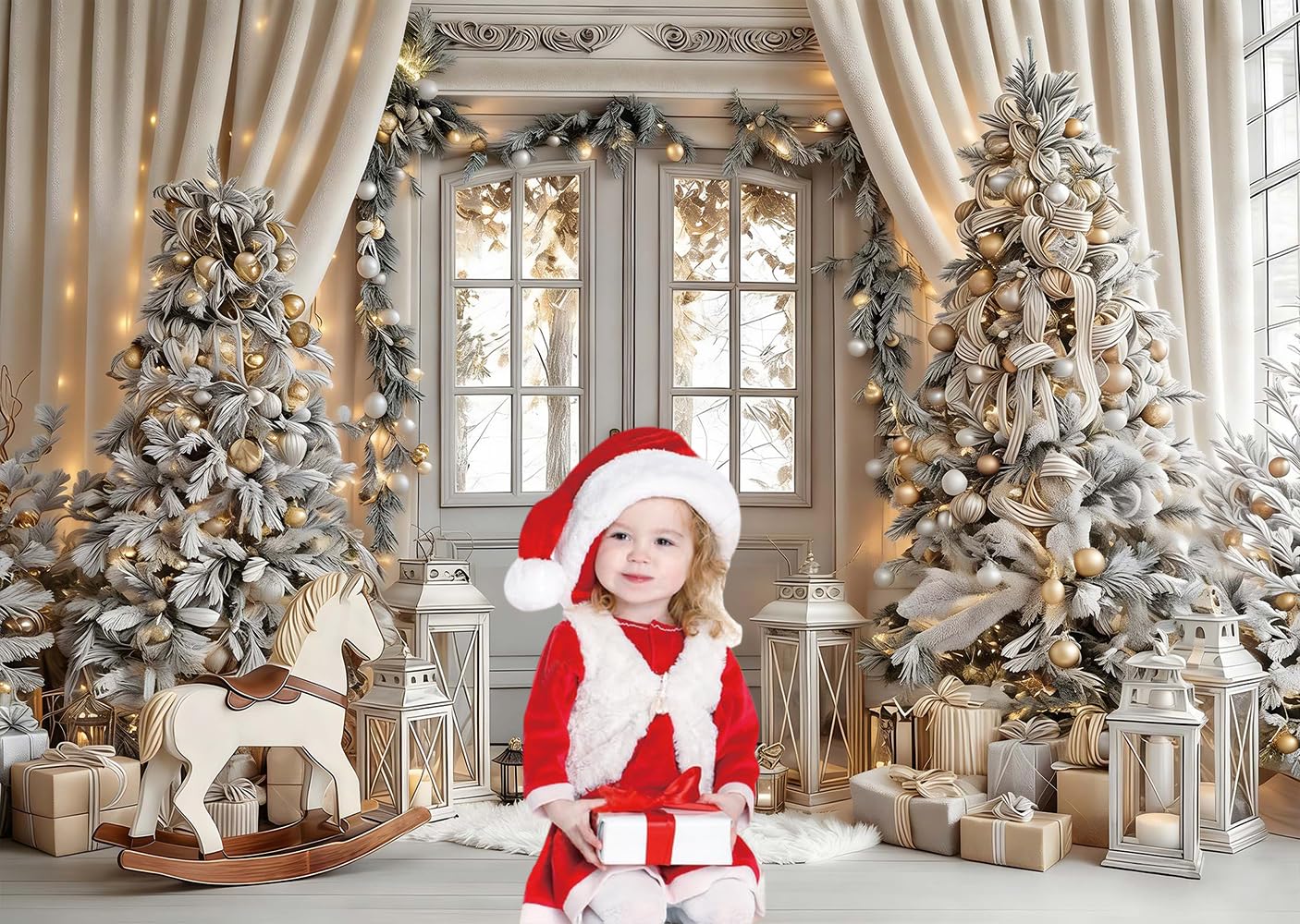 3x2.4m Sfondo Natale Oro bianco alla moda di Natale Camera interna Fotografia di sfondo Famiglia Bambini Inverno Vacanza Capodanno Decorazioni del partito Banner Photo Booth Props