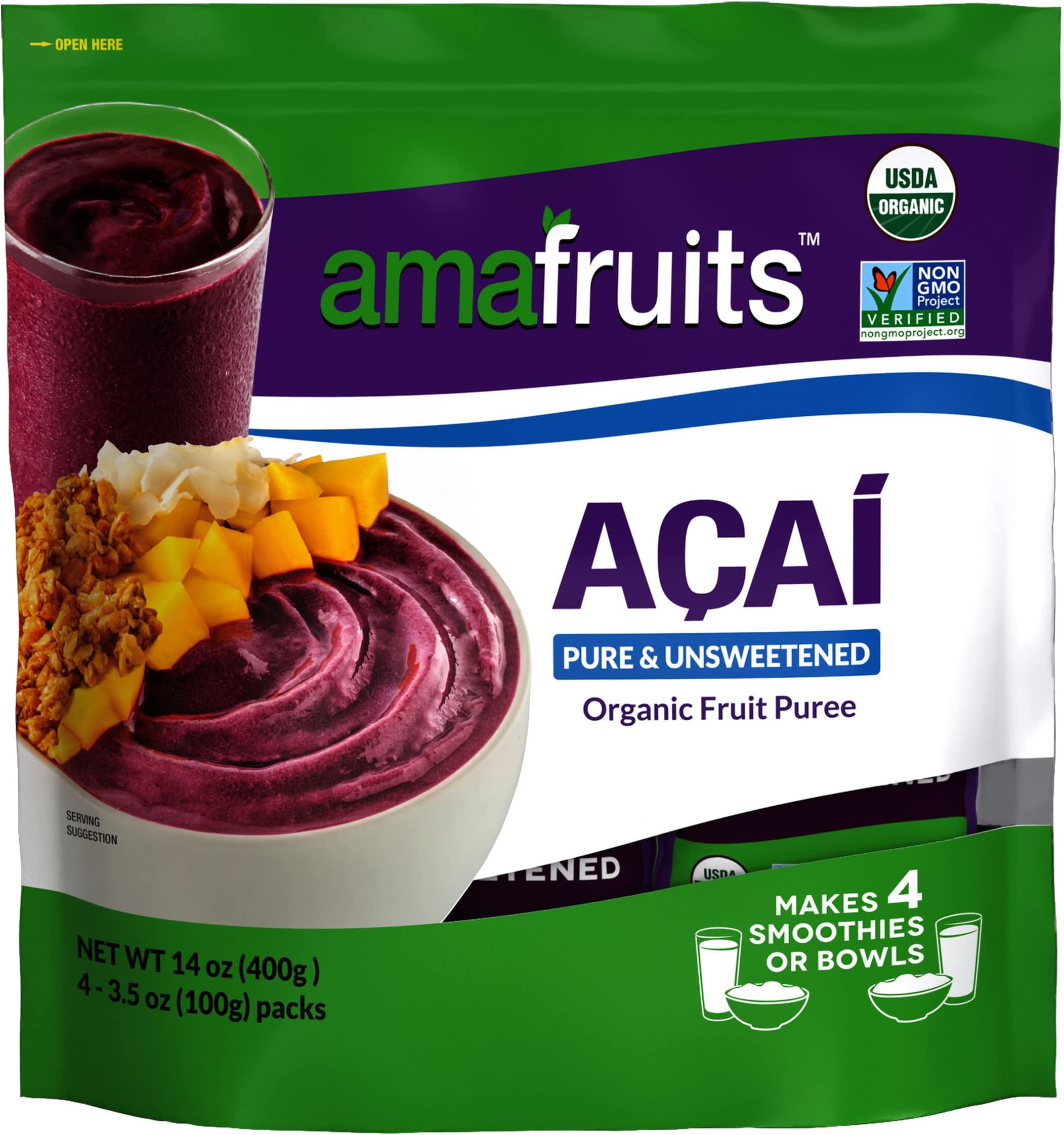 Amafruits Acai Berry Frozen Puree Pure and Unsweetened Smoothie and Bowl Packs | USDA Organic | Non-GMO Certified | Zero Sugar | Antioxidant Rich Superfruit | 6 Multi-Pack Bags with 24 Packs x 3.5oz