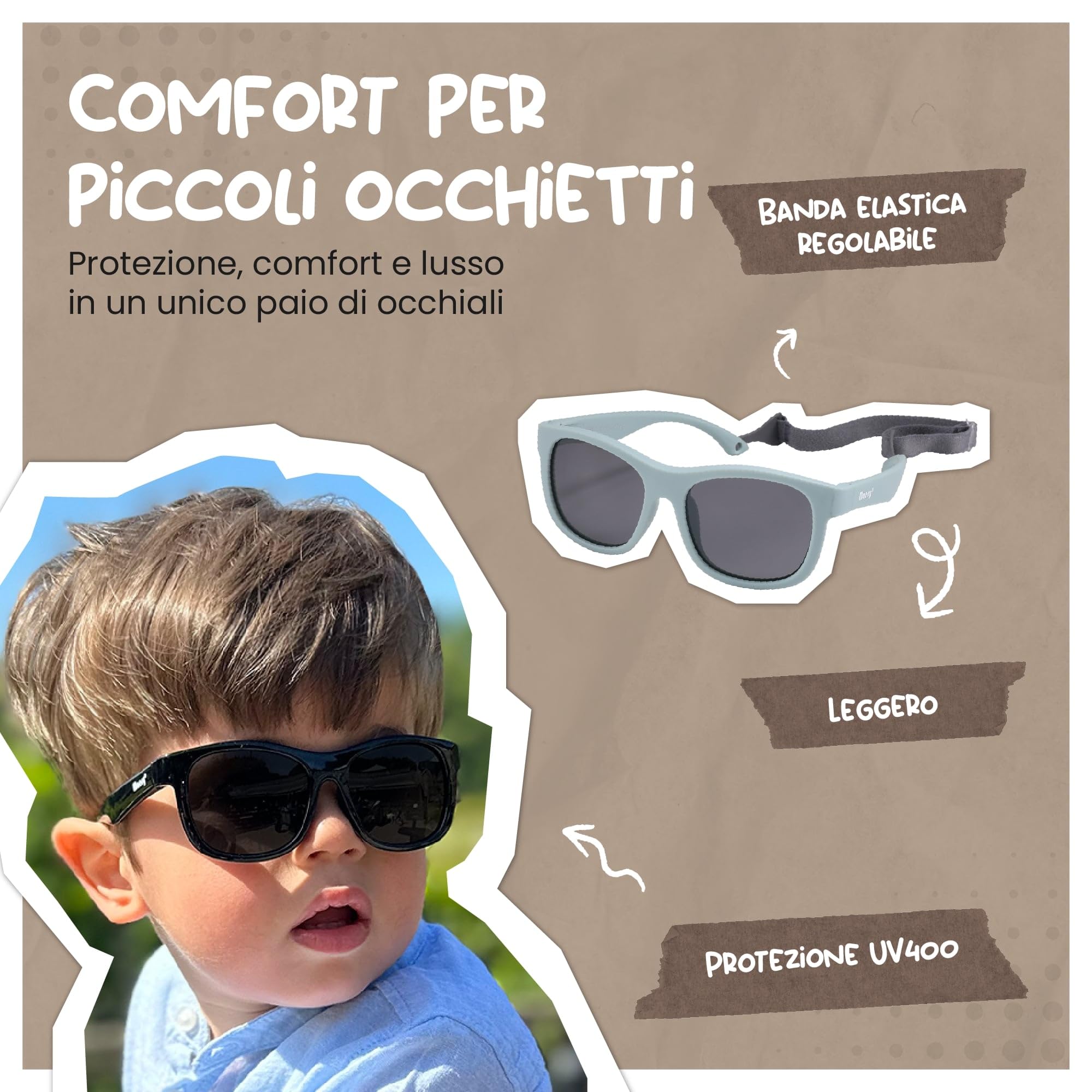 Occhiali da Sole Bambino 1-3 Anni - Lenti Polarizzate UV400 Categoria Filtro 3 - Montatura Flessibile con Fascia Regolabile - Design Quadrato, Sicuri e Confortevoli - Luca