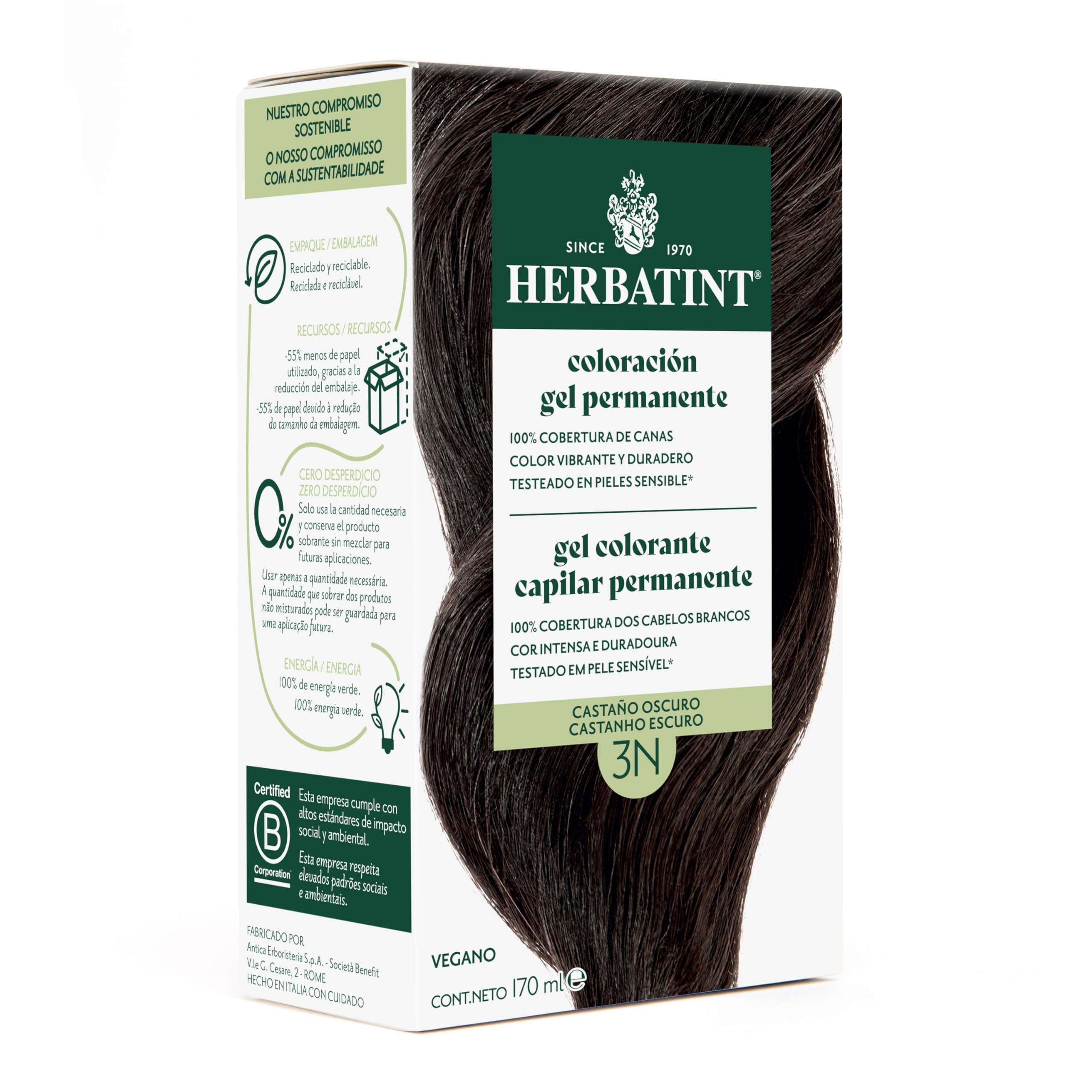 Herbatint Tinte Permanente para Cabello 3N Castaño Oscuro - 170 ml | Sin Amoníaco, 100% Cobertura de Canas | Dermatológicamente Probado, con 8 Extractos Naturales