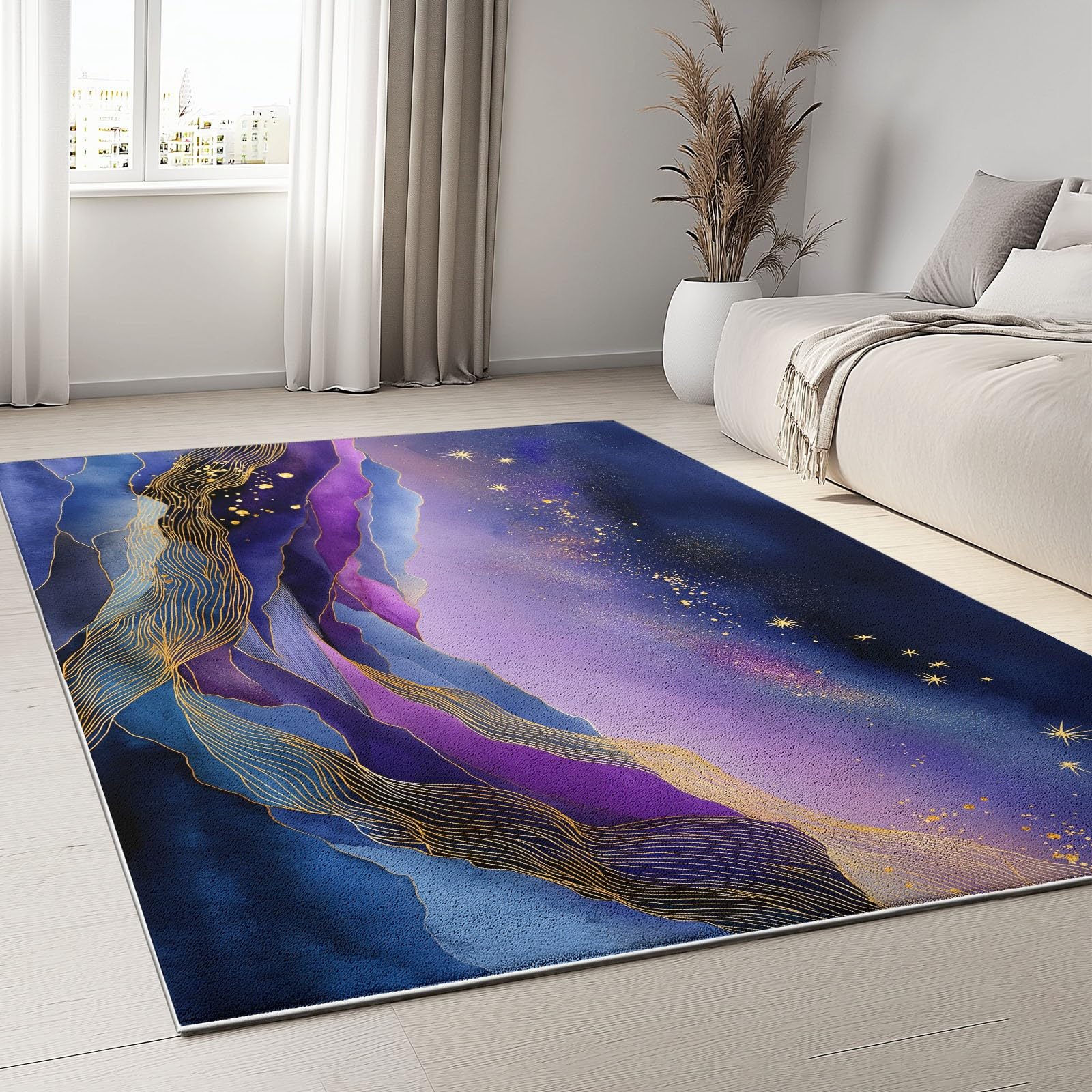 Generico Dywan do salonu z krótkim włosiem 140 x 200 cm można prać w pralce, antypoślizgowy prostokątny górski linie gwiaździste niebo gwiazdy, do dekoracji domu sypialni ciemnofioletowy