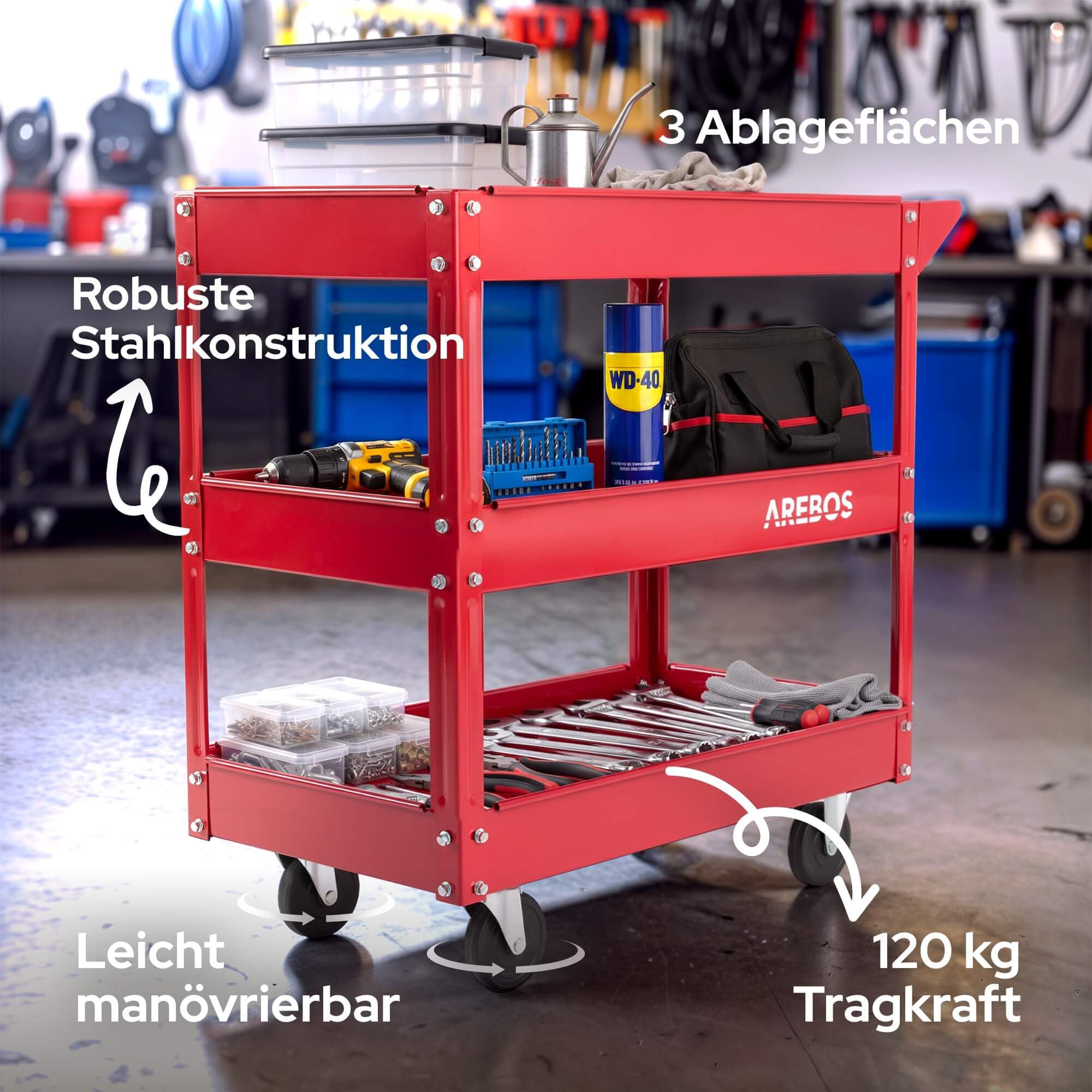 Arebos Werkstatt-Rollwagen | Montagewagen mit 3 Ablagefächern | bis 120 kg belastbar | robuster Werkzeugwagen aus Stahl | Mobile Transporthilfe mit 2 Lenkrollen | für Werkstatt, Garage & Hobbyraum