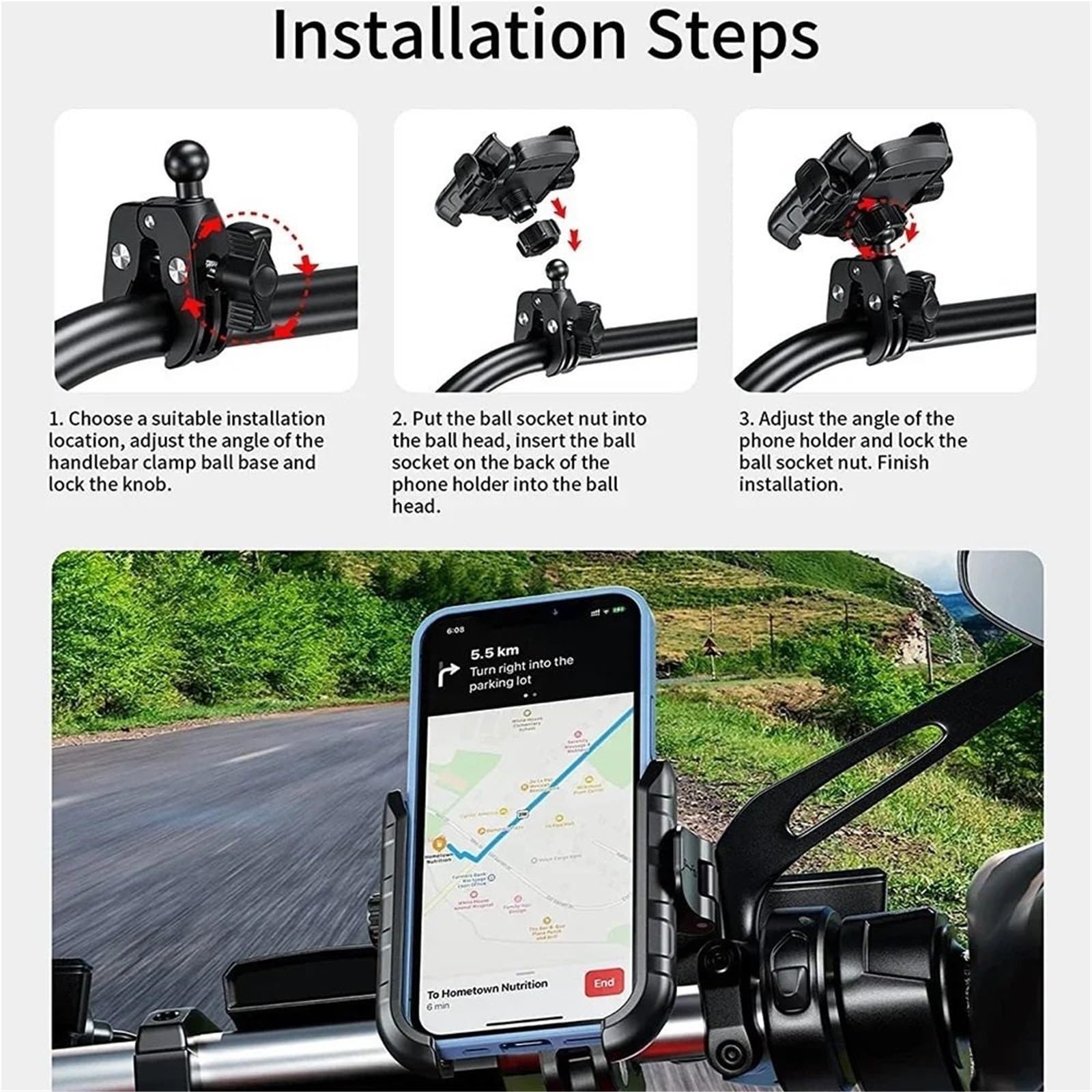 Soporte Movil Coche Supporto per telefono per moto Blocco e rilascio Supporto per staffa per manubrio per bicicletta per moto per supporto per retrovisore da 5,4-7,2 pollici Accesorios Coche(Rear-view