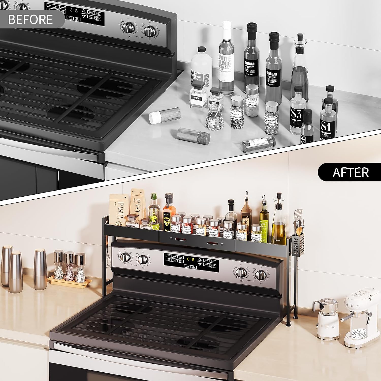 PureBox Spice Rack for Kitchen Stove, Stove Top Shelf, Over the Stove Shelf – Extendable Carbon Steel, 28.15-33.07" Length & 4-Level Height, Raised Edge, Utensil Holder, 2 Hooks, Suction Cups, Black