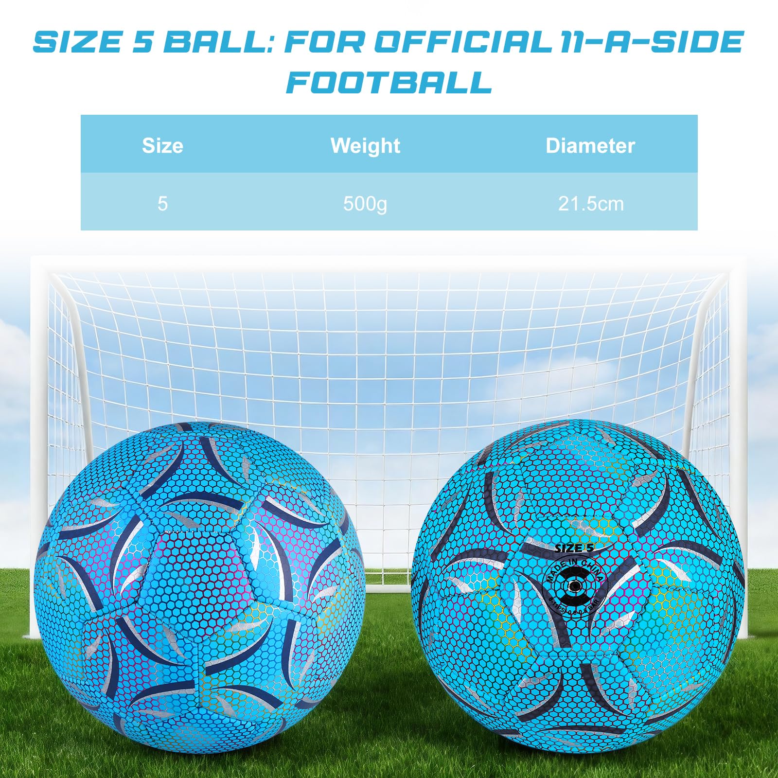 Leuchtender Fußball, Fußball Leuchten im Dunkeln Größe 5, Reflektierender Fussball mit Pumpe für Nachtspiele Training, Sport Leuchtfußball für Erwachsene (Blau)