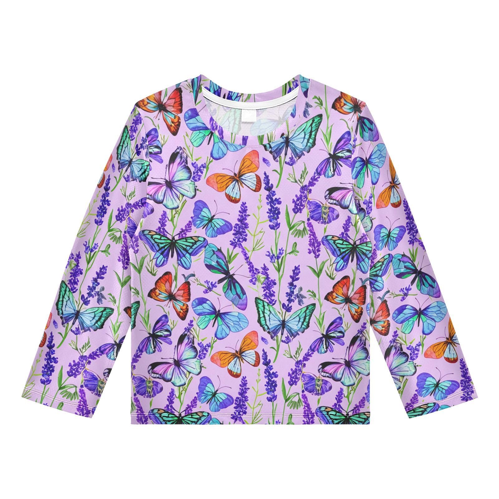 Lavender Butterfly Floral Purple Rash Guard Shirt for Boys Sun Protection Shirt for Swimming Pool Beach UPF50+ 7-8T