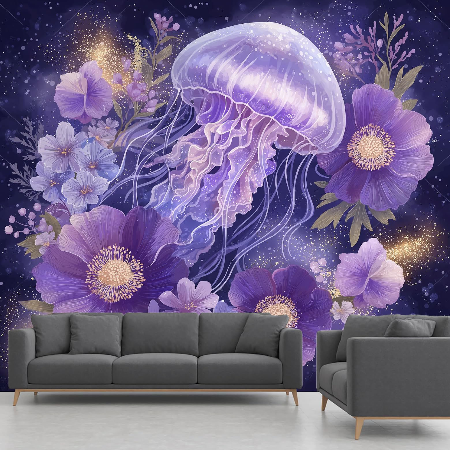 Papier Peint Intissé Animaux Marins Fresque Murale Violette Salon