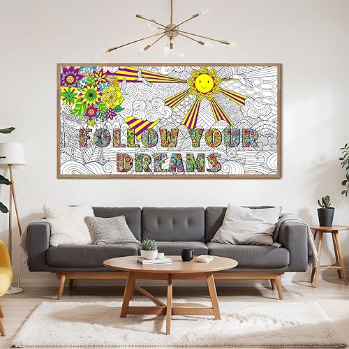 Miniatura 6 de Naozinebi Pósteres de mandala gigante para colorear, grandes carteles motivacionales para colorear con texto en inglés "Follow Your Dreams", mantel
