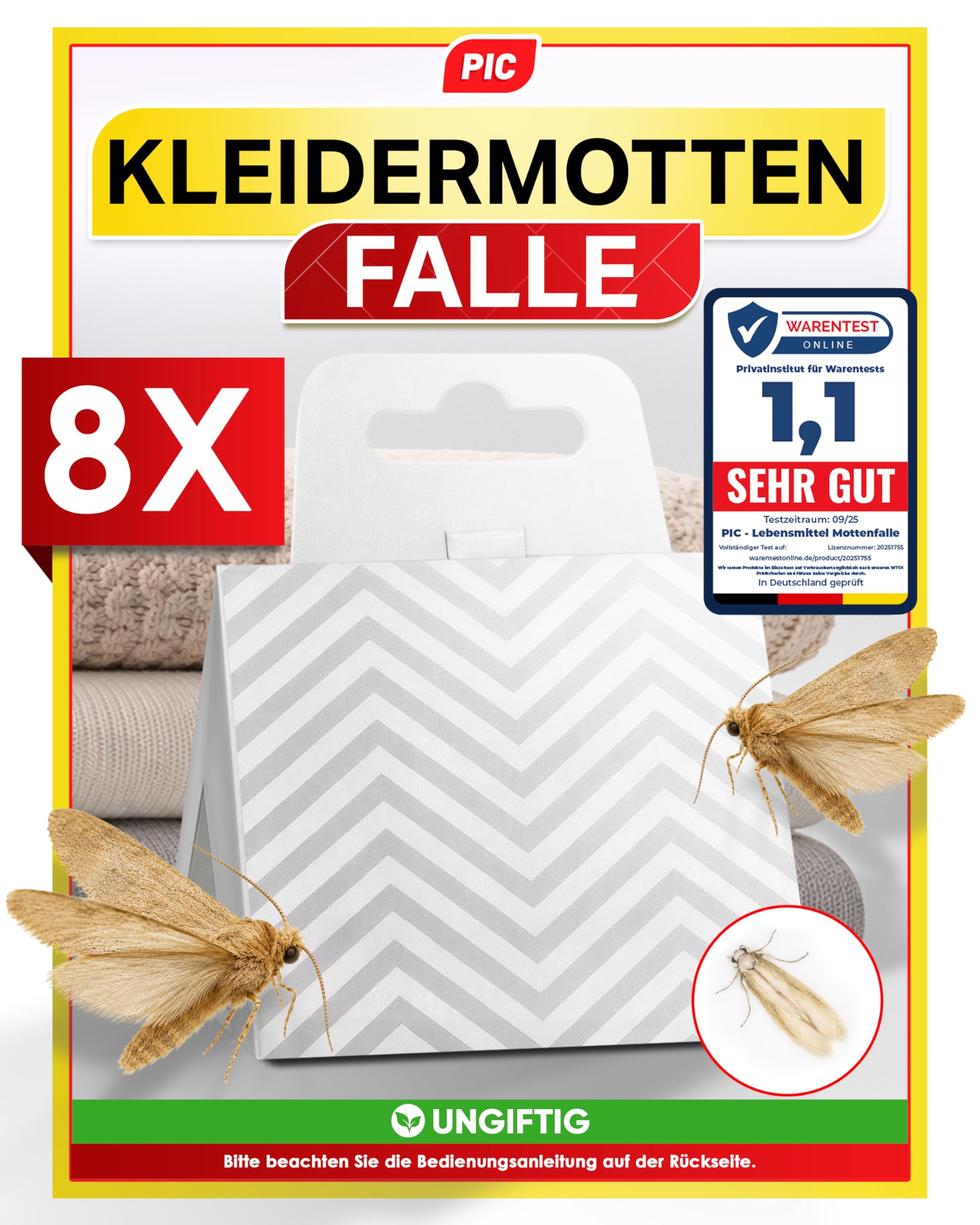 PIC Mottenfalle Kleidermotten - 8X Kleider Mottenfalle, Kleidermotten bekämpfen, Mottenschutz für kleiderschrank, Kleidermottenfalle mittel gegen motten in der Wohnung - Alternative zu Mottenpapier