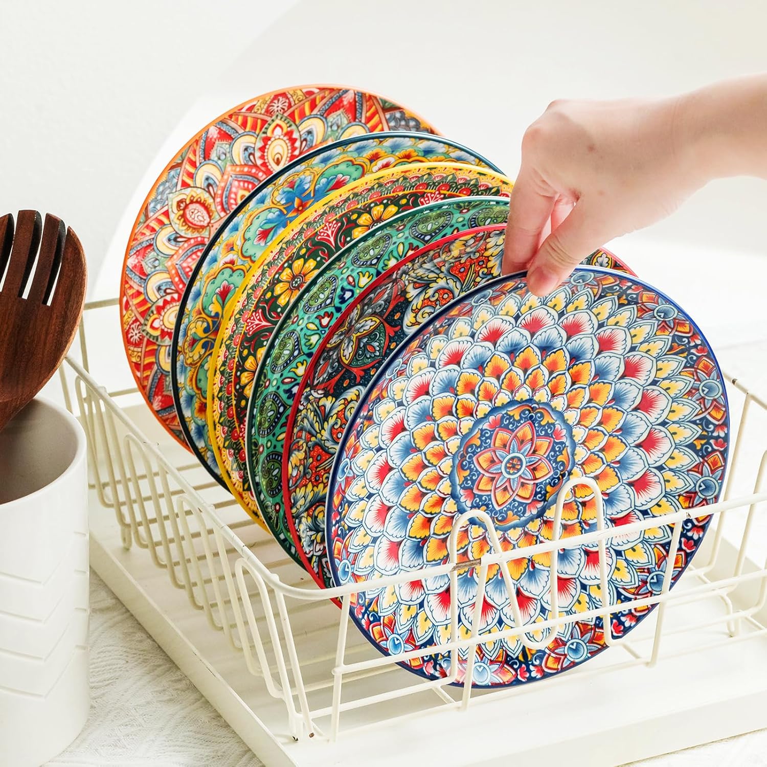 Taco Holders Set of 2 Porcelain Large Taco Tray with Handles, 8.5 Inch Small Salad Plates Set of 6 Colorful Bohemian Ceramic Plates