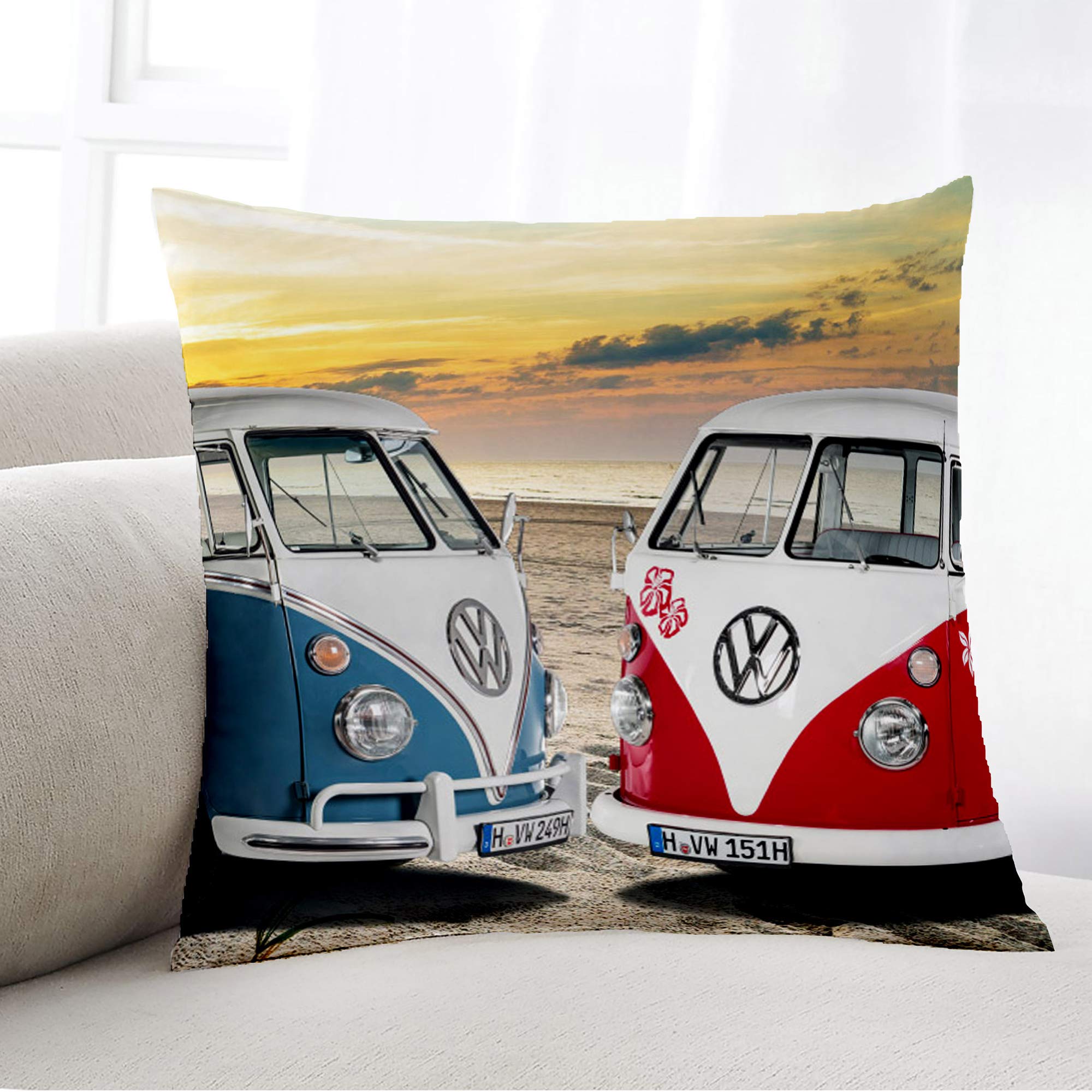 VW Volkswagen Bulli T1 poduszka do przytulania, czerwona, niebieska, 40 cm x 40 cm, VW Bus Campervan, poduszka do przytulania, poduszka dekoracyjna, poduszka do samochodu, poduszka podróżna, poduszka do spania, poduszka retro do pościeli 085