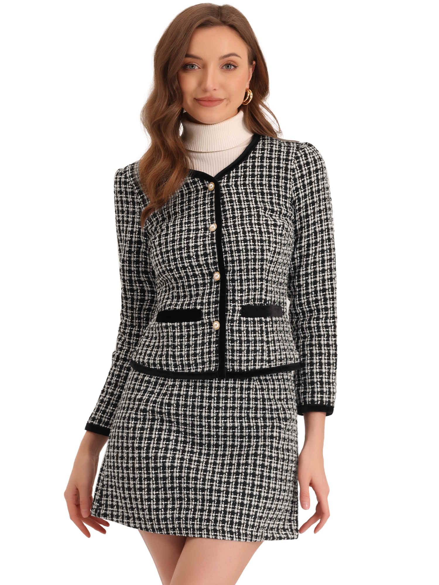 Allegra K Conjunto de falda de traje de negocios para mujer, trajes de 2 piezas, chaqueta de tweed a cuadros, blazer corto y minifalda