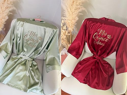 Miniatura 4 de Personalized Satin Robe For Bridesmaids or Quinceañera Sweet Sixteen Birthday Parties, Custom Glitter Short Robe with Crown, Tiara, Diamond Ring,