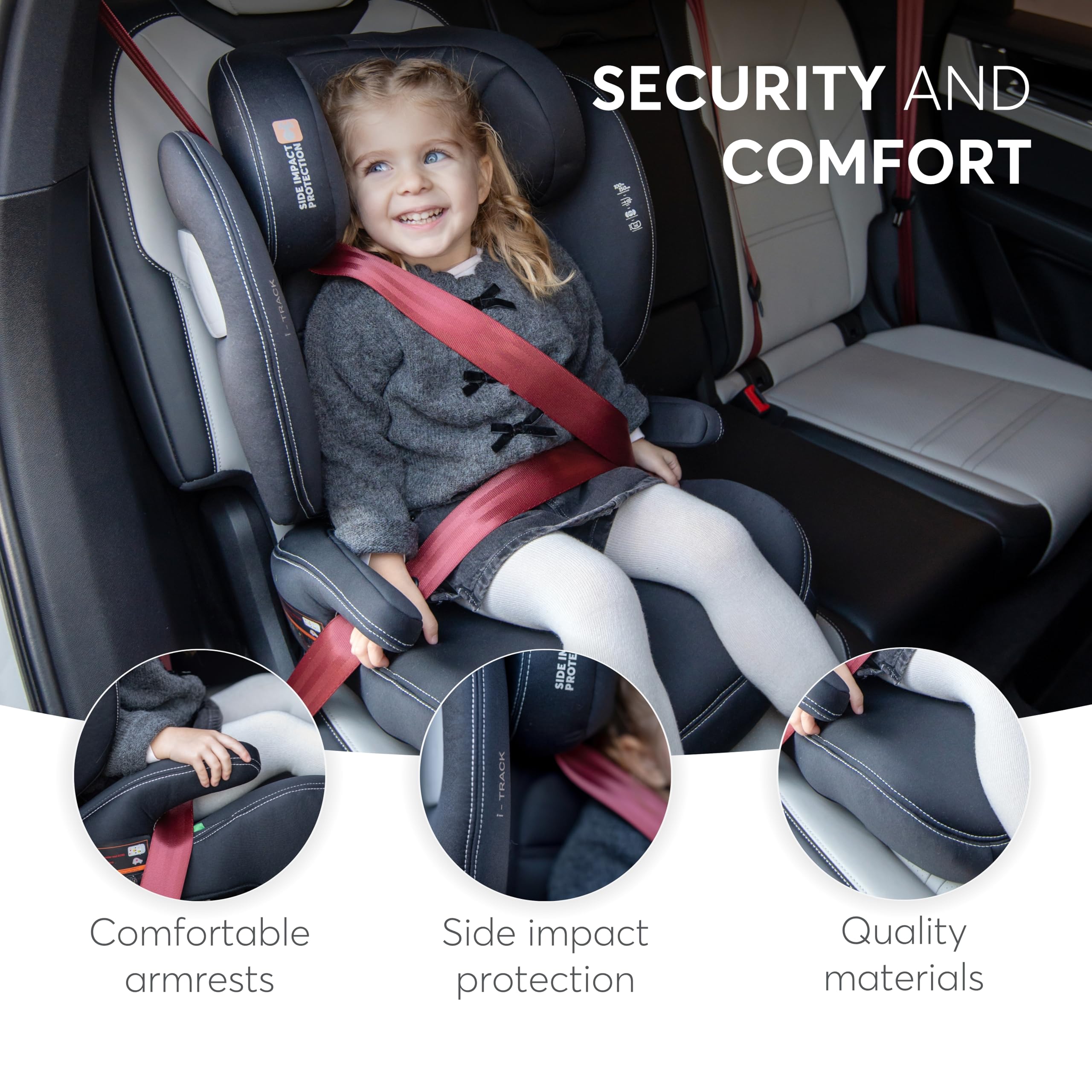 KikkaBoo Fotelik Samochodowy i-TRACK i-Size 100–150 cm, Grupa 2/3 ISOFIX, dla Dzieci 3,5–12 Lat (15–36 kg), System Ochrony Bocznej SPS, Zagłówek Regulowany w 12 Pozycjach, Szary