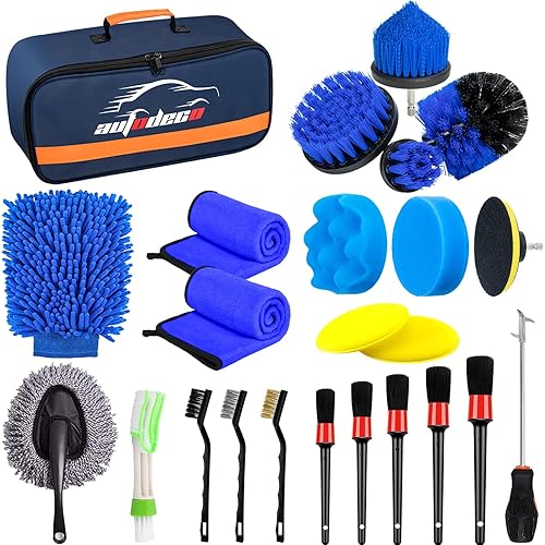 AUTODECO 30Pcs Car Detailing Brush Set, Car Detailing Kit, Auto Detailing Drill Brush Set, Car Detailing Brushes, Car Wash Cleaning Tools Kit for Interior, Exterior, Wheels, Blue