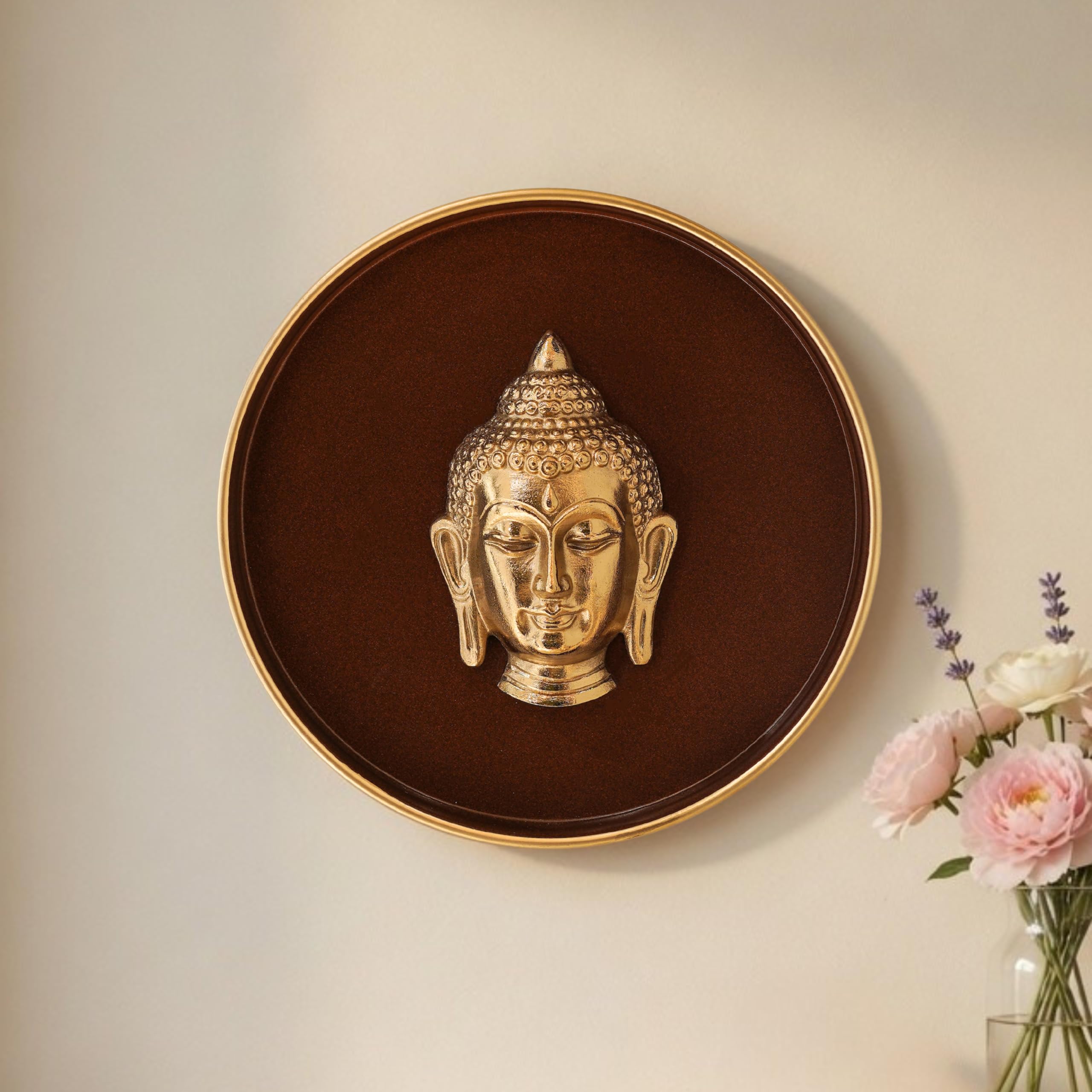BEHOMA Divine Buddha Metal Wall Plate Coffee Brown & Gold 9.8" | Decorative Buddha wall art for meditation room, living room & office. Elegant spiritual décor.-image-30