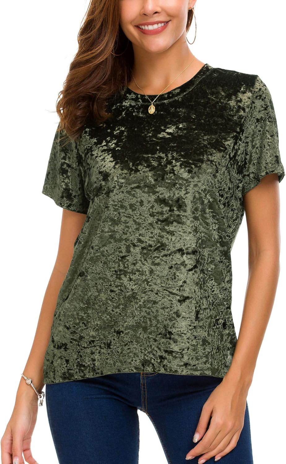 Women's Crew Neck Velvet Top Short Sleeve T-Shirt - Image 3
