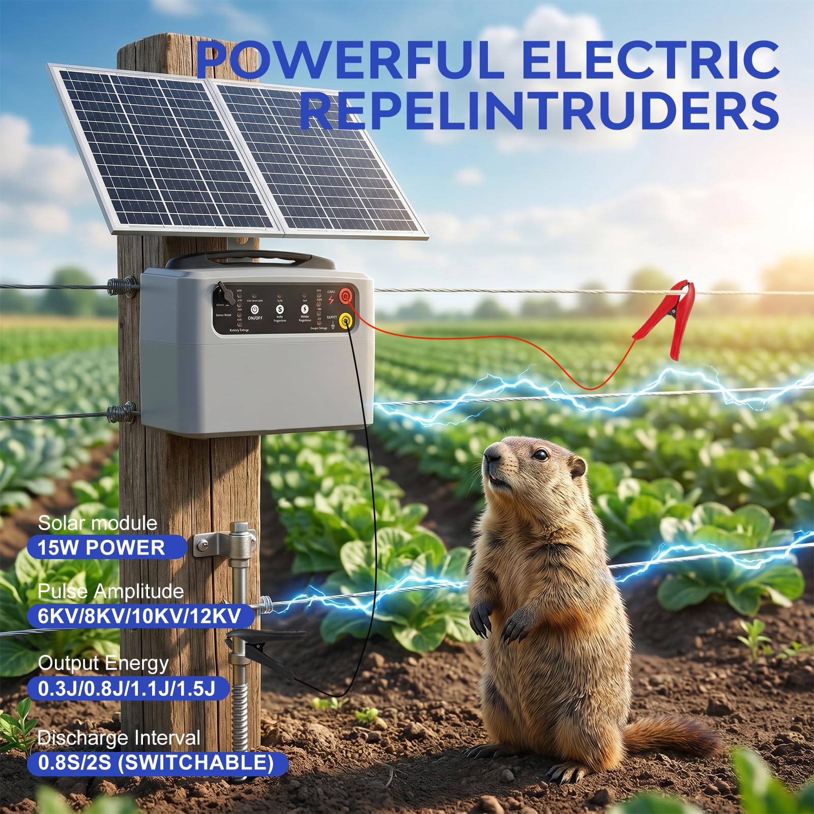 48 KM Pastor Electrico Solar, 0,3 J-1,5 J, 6 KV-12 KV Cerca Eléctrica Controlador con Panel Solar de 15 W, con Batería de Plomo-ácido Integrada de 12 V y 7 Ah, Apto para Ganado Ganado, Vacas(Gris)