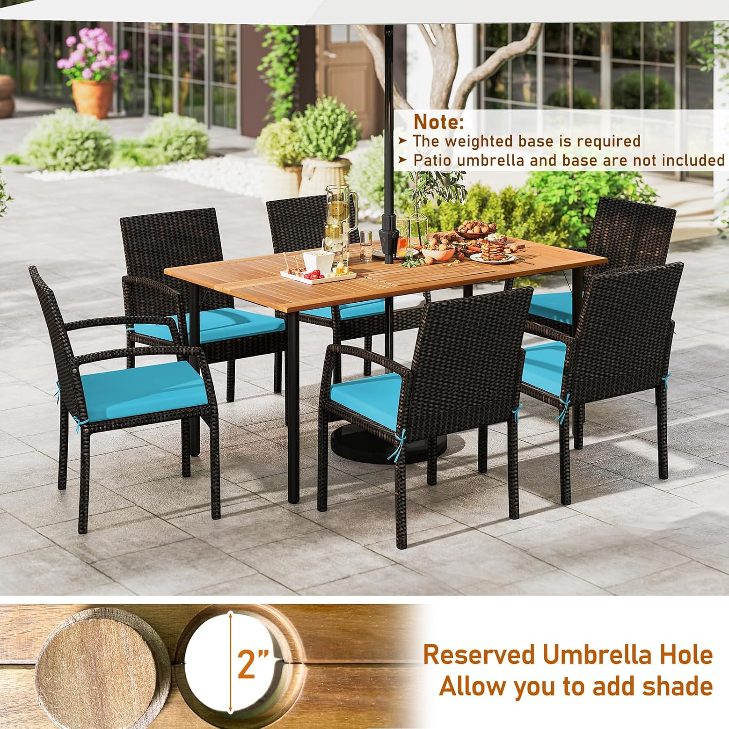 Tangkula 7 Pieces Outdoor Dining Set, Patio Acacia Wood Table and PE Rattan Chairs with Soft Cushions and 2” Umbrella Hole for Deck, Garden and Backyard