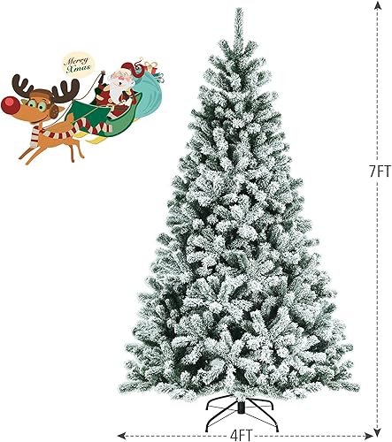 Miniatura 7 de Happygrill Árbol de Navidad artificial flocado de 7 pies con bisagras, árbol de Navidad artificial preiluminado con 1,116 puntas de rama, 450 luces
