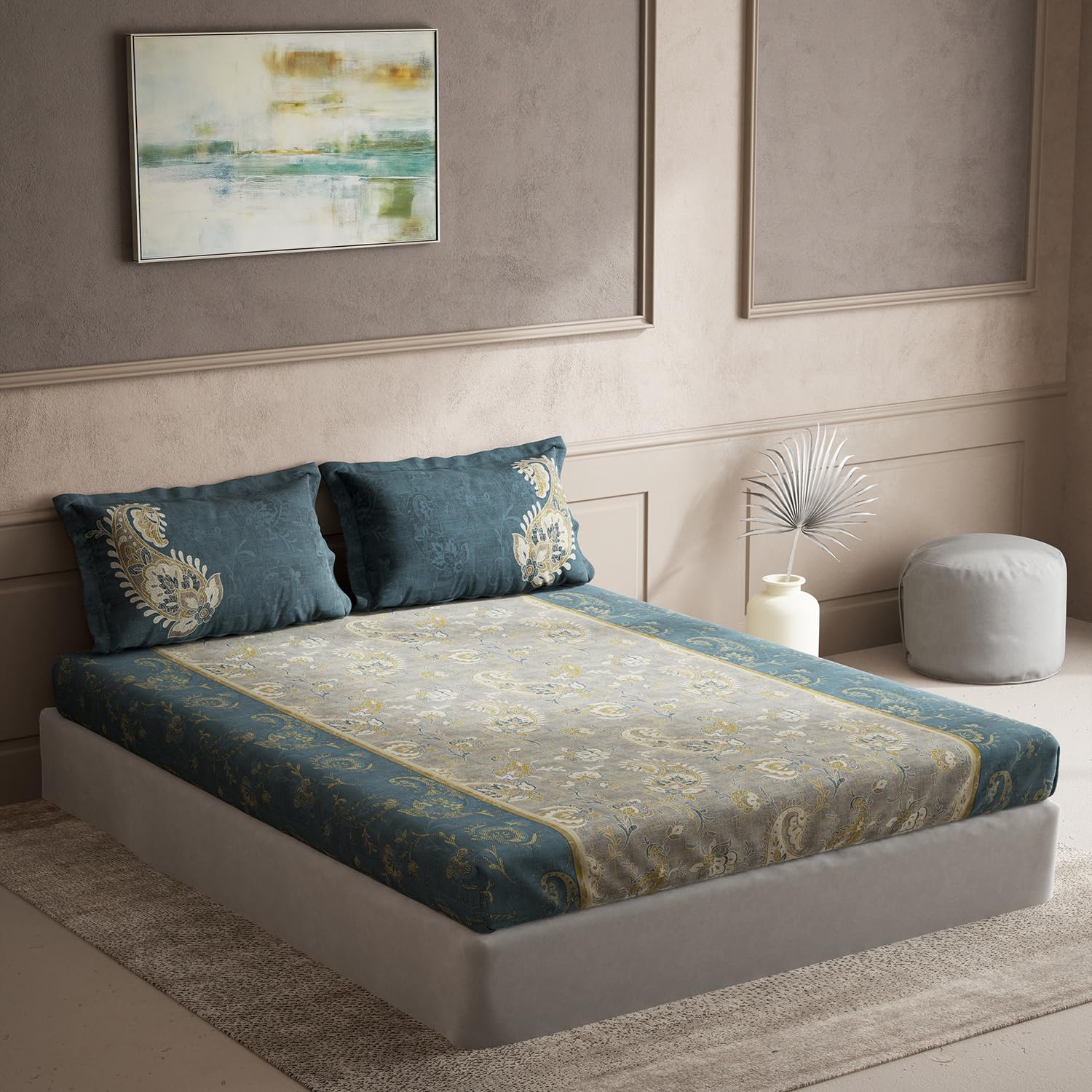 Ddecor - Pack of 1 Cotton Ethnic King 145 TC Bedsheet with 2 Pillow Covers - Blue-picture-31