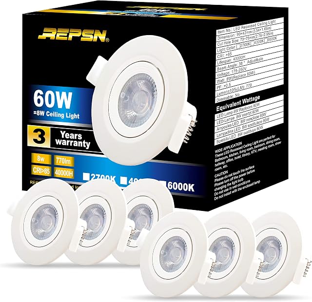 REPSN® LED 8W Recessed Ceiling Lights, LED Downlights 8W=60W 770LM 6000K Cool White Rotatable Downlight Equivalent to 60W Halogen Bulb,Pack of 6